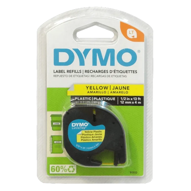 Etiqueta Plastica Letratag DYMO Negro sobre Amarillo 12mm x 4mt  2