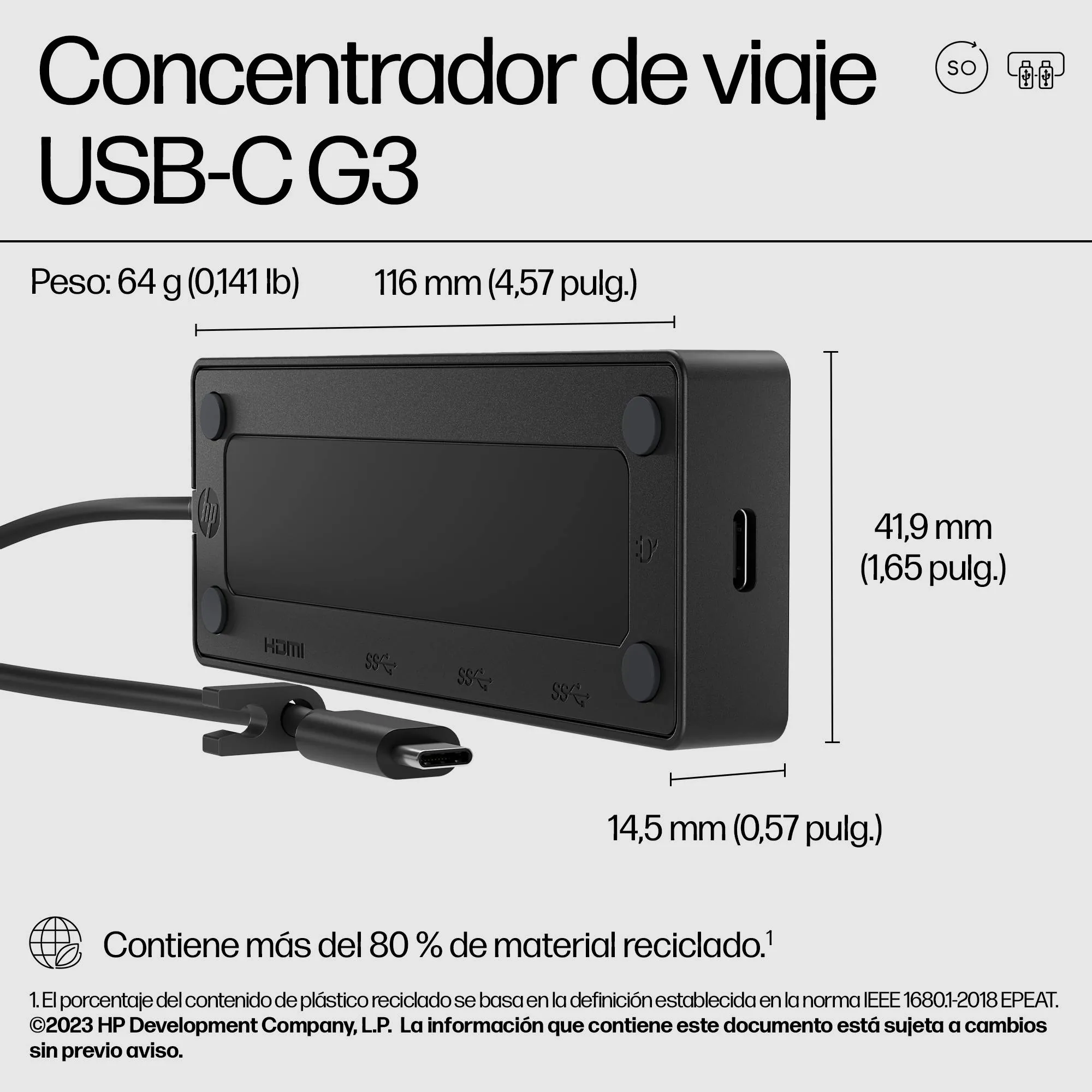 Adaptador HP USB-C Travel Hub G3 86S97UT 5 Puertos HDMI 4K 10Gbps 6