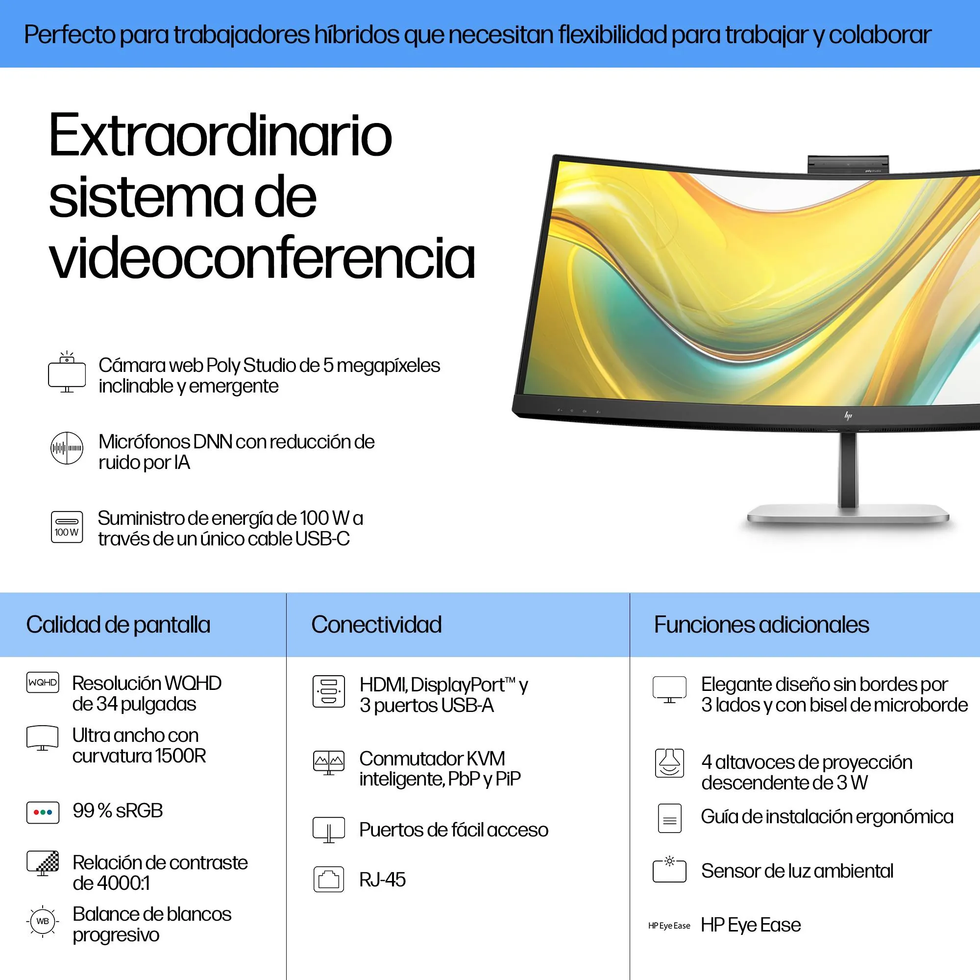 Monitor HP Series 5 Pro 534pm 34 Pulgadas WQHD Curvo USB-C para Videoconferencias Profesionales 3