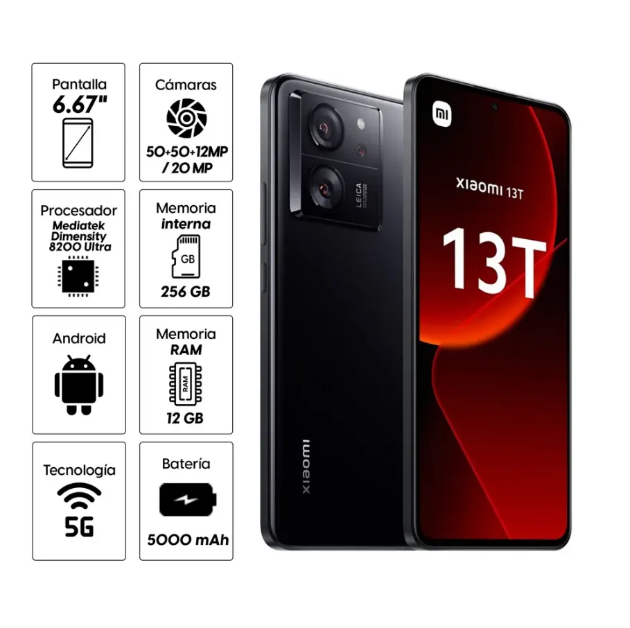 Smartphone Liberado Xiaomi 13T, Android, 256 GB, Color negro, 12GB RAM, 5G 2