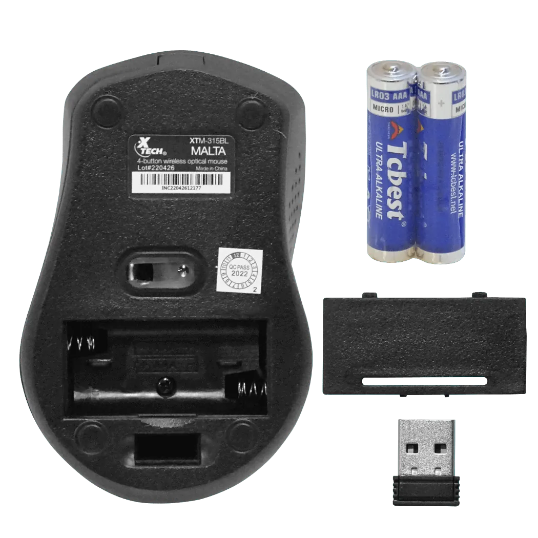 XTECH Mouse USB inalambrico inc-2xAAA 2,4GHz 4-botones Azul o Gris 8
