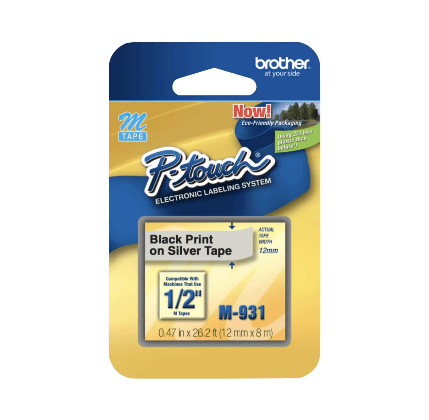 Cinta no laminada Brother M931 en negro sobre plateado de 12 mm x 8 m 2