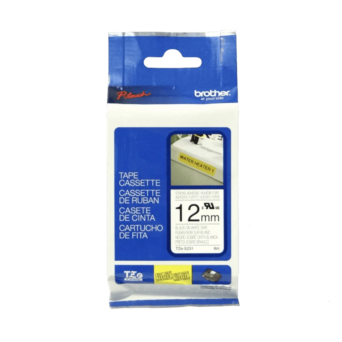 Cinta negro sobre blanco adhesivo industrial de 12 mm (0,47