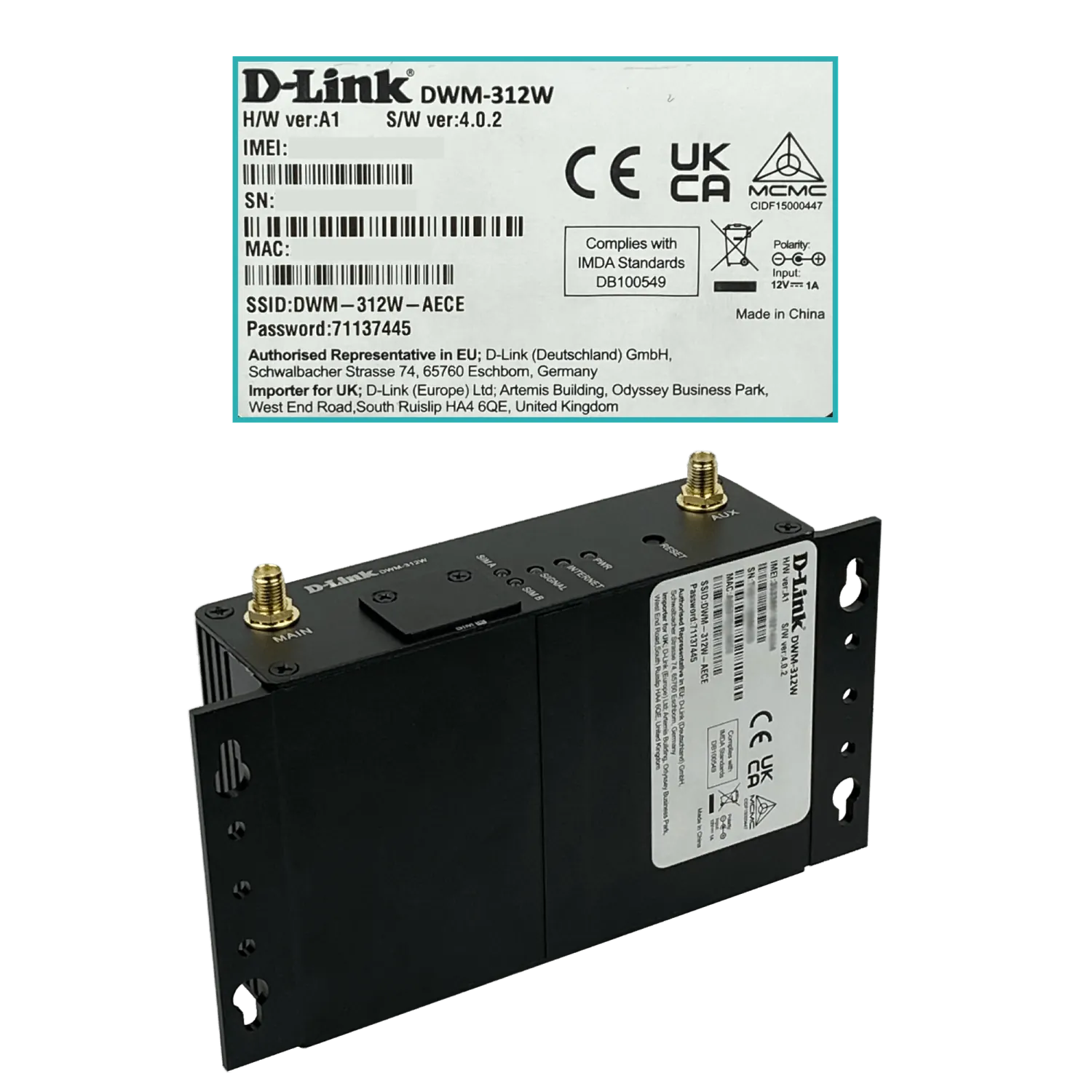 Router D-Link 4G/LTE M2M DWM-312W, 150Mbps, 2 SIM, 1 WAN/LAN, Industrial, Wi-Fi 2.4GHz, 12V 4