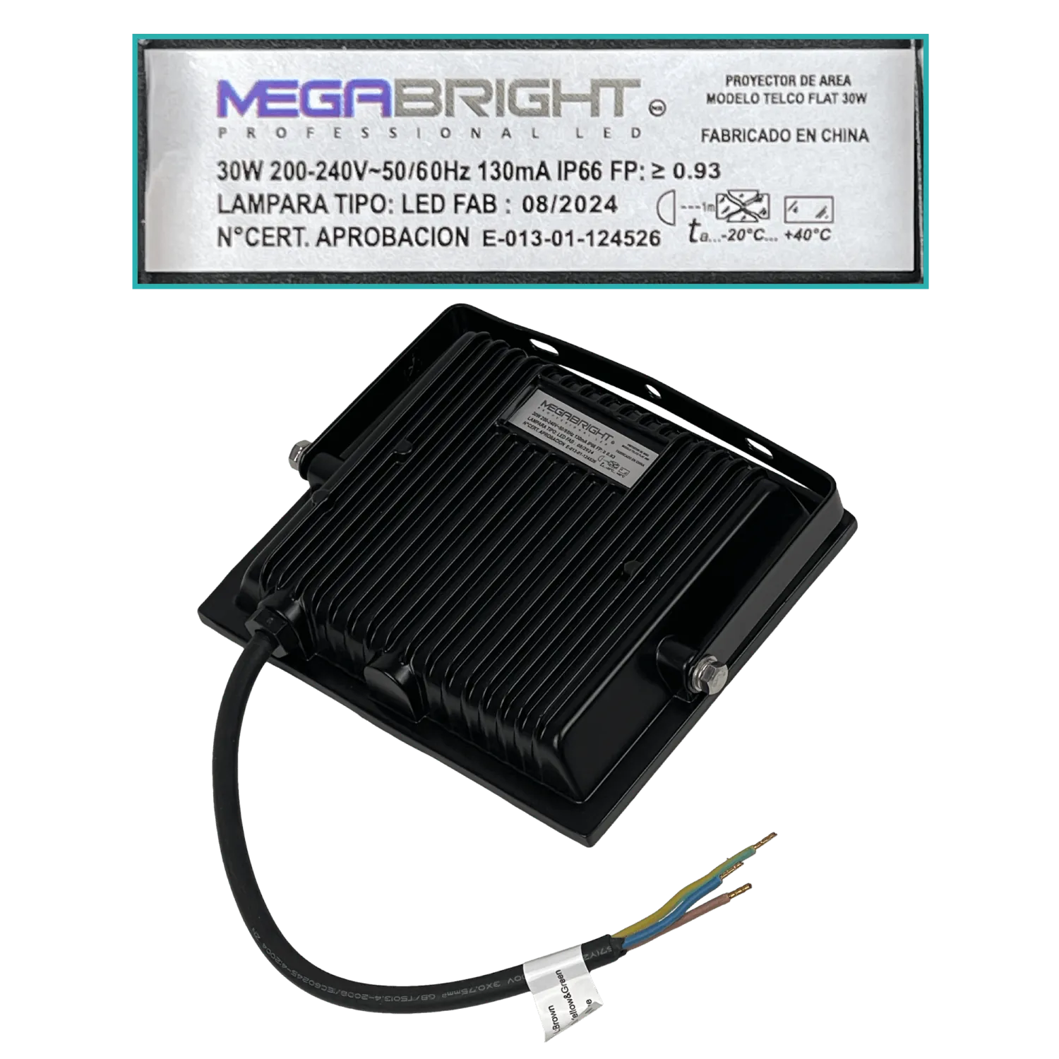 Lámpara LED Exterior 30W, Luz Blanca 6000K, 100°, 200-240V AC, IP65, Certificación SEC 2