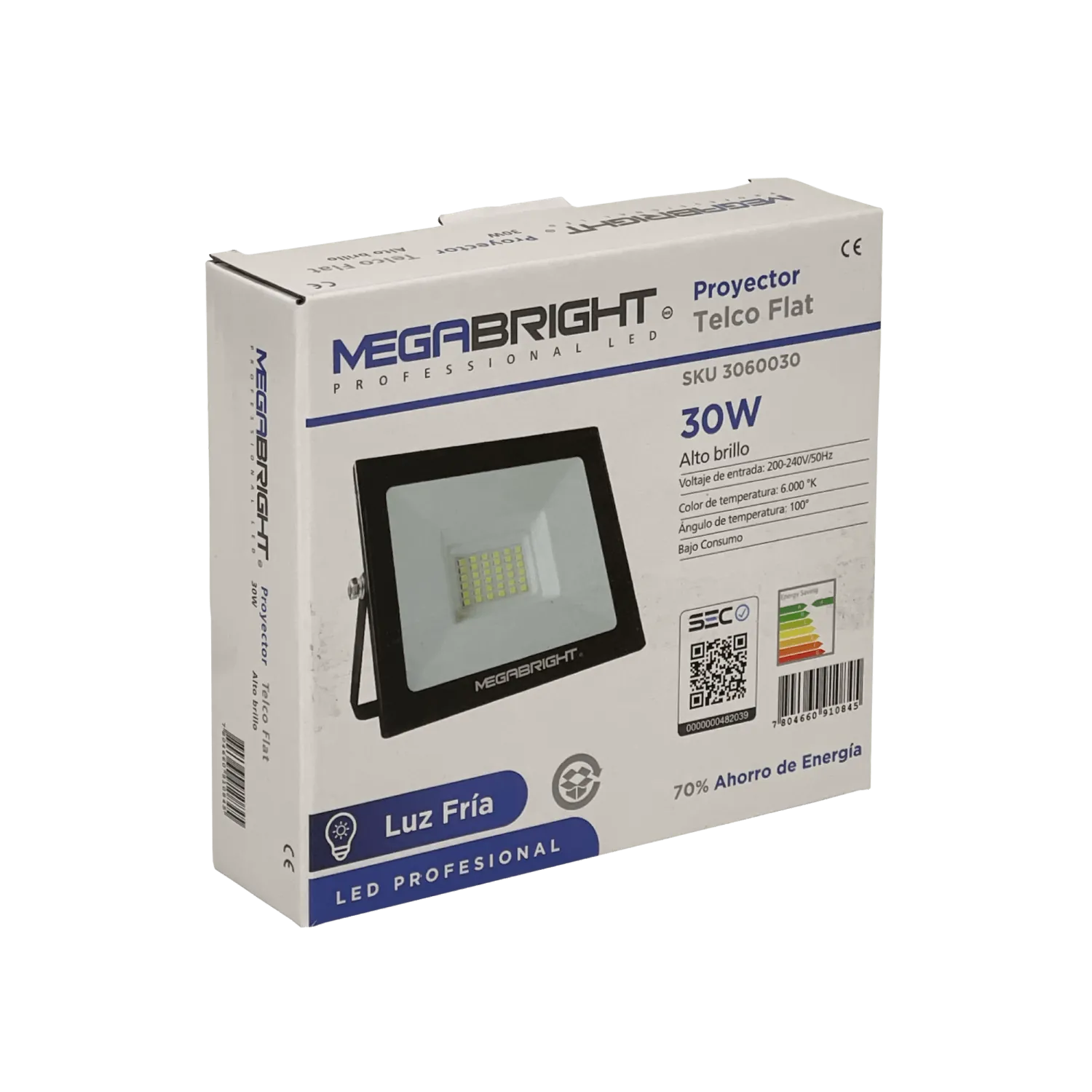 Lámpara LED Exterior 30W, Luz Blanca 6000K, 100°, 200-240V AC, IP65, Certificación SEC 4