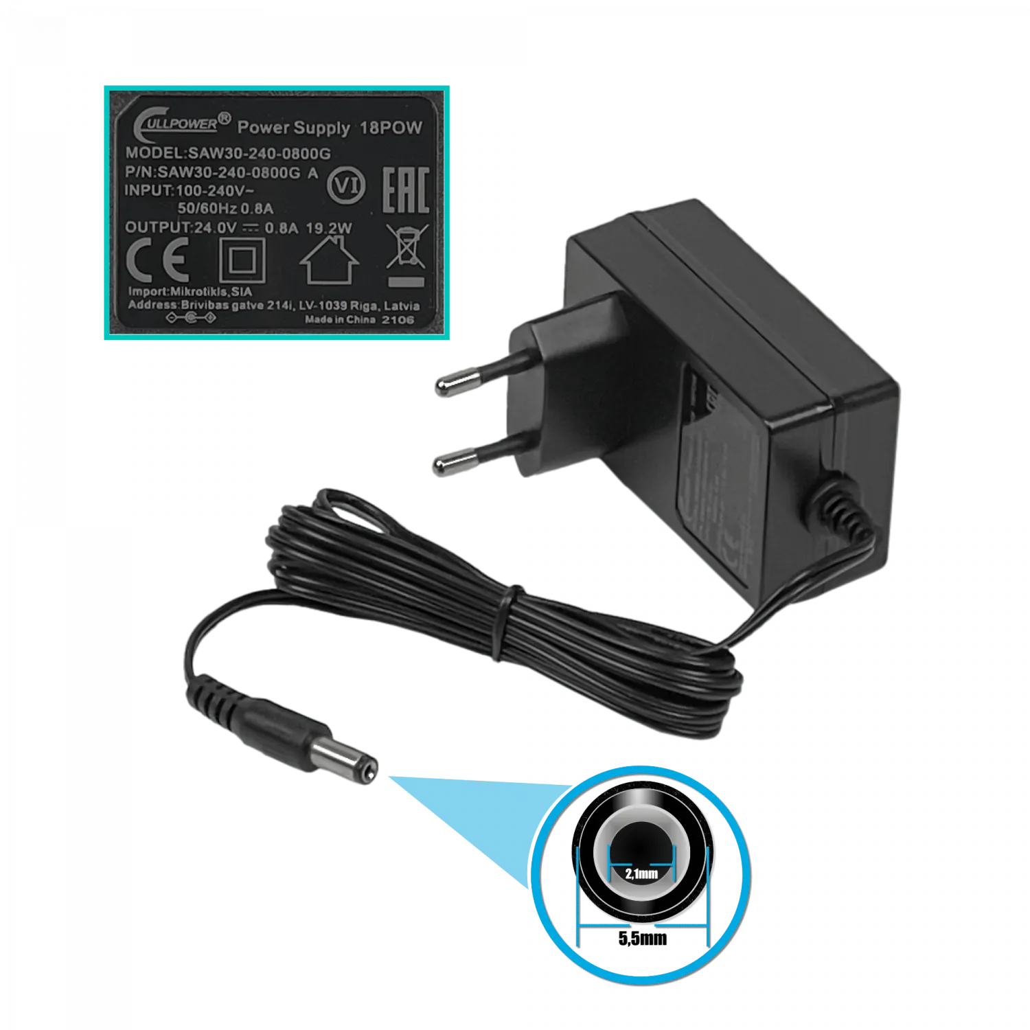Fuente MikroTik 18POW 24VDC 0.8A 18W Plug 5.5x2.1mm 2