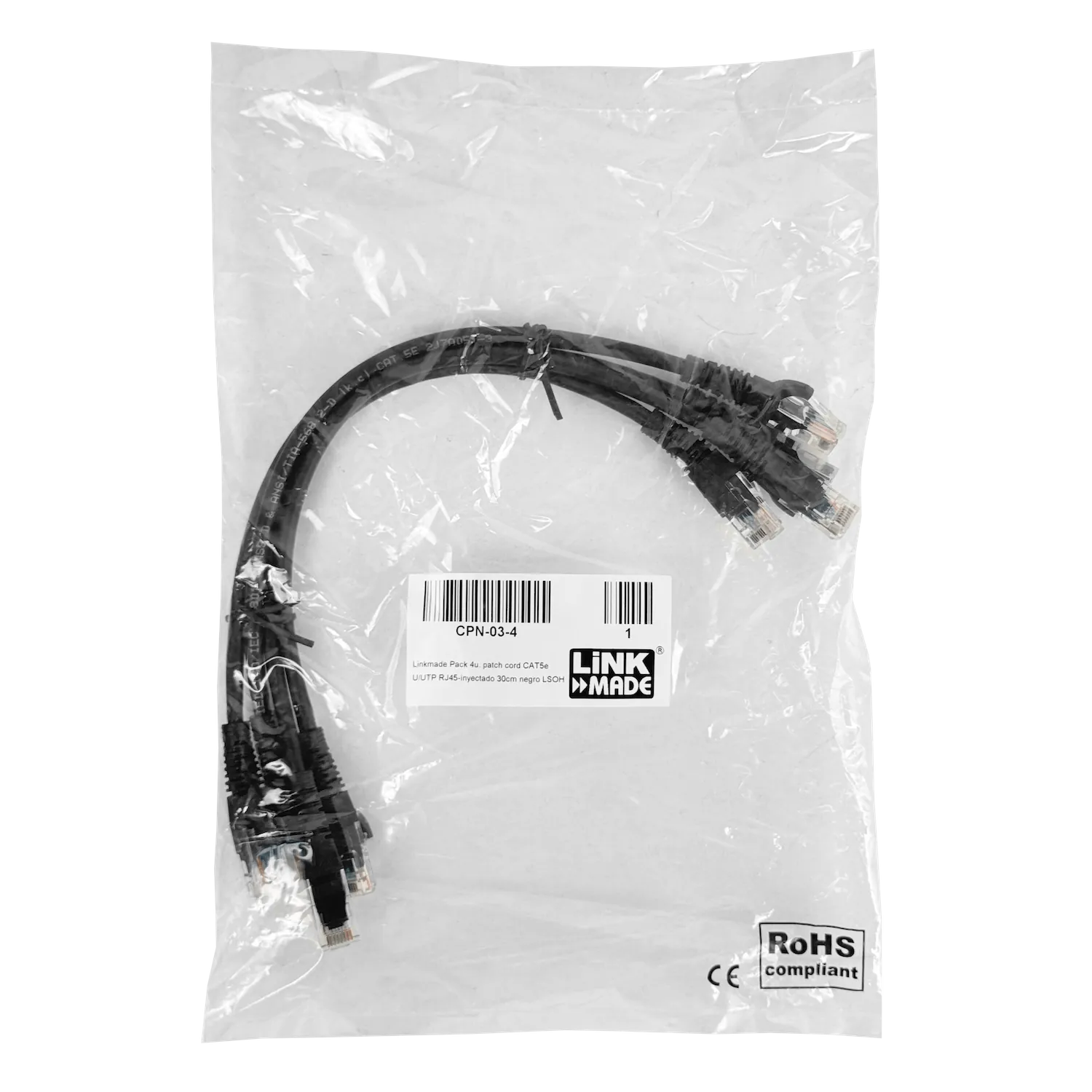 Pack x4 Cable Patch LINKMADE Cat5e 30cm Negro LSZH Inyectado Multifilar 2