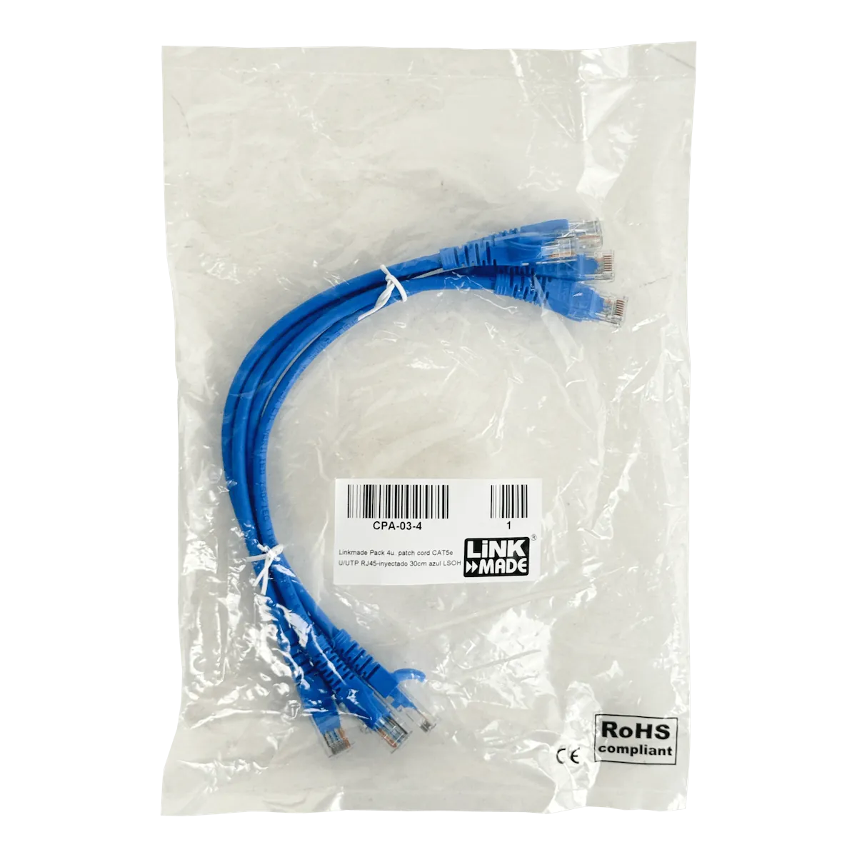 Pack x4 Cable Patch LINKMADE Cat5e 30cm Azul LSZH Inyectado Multifilar 2