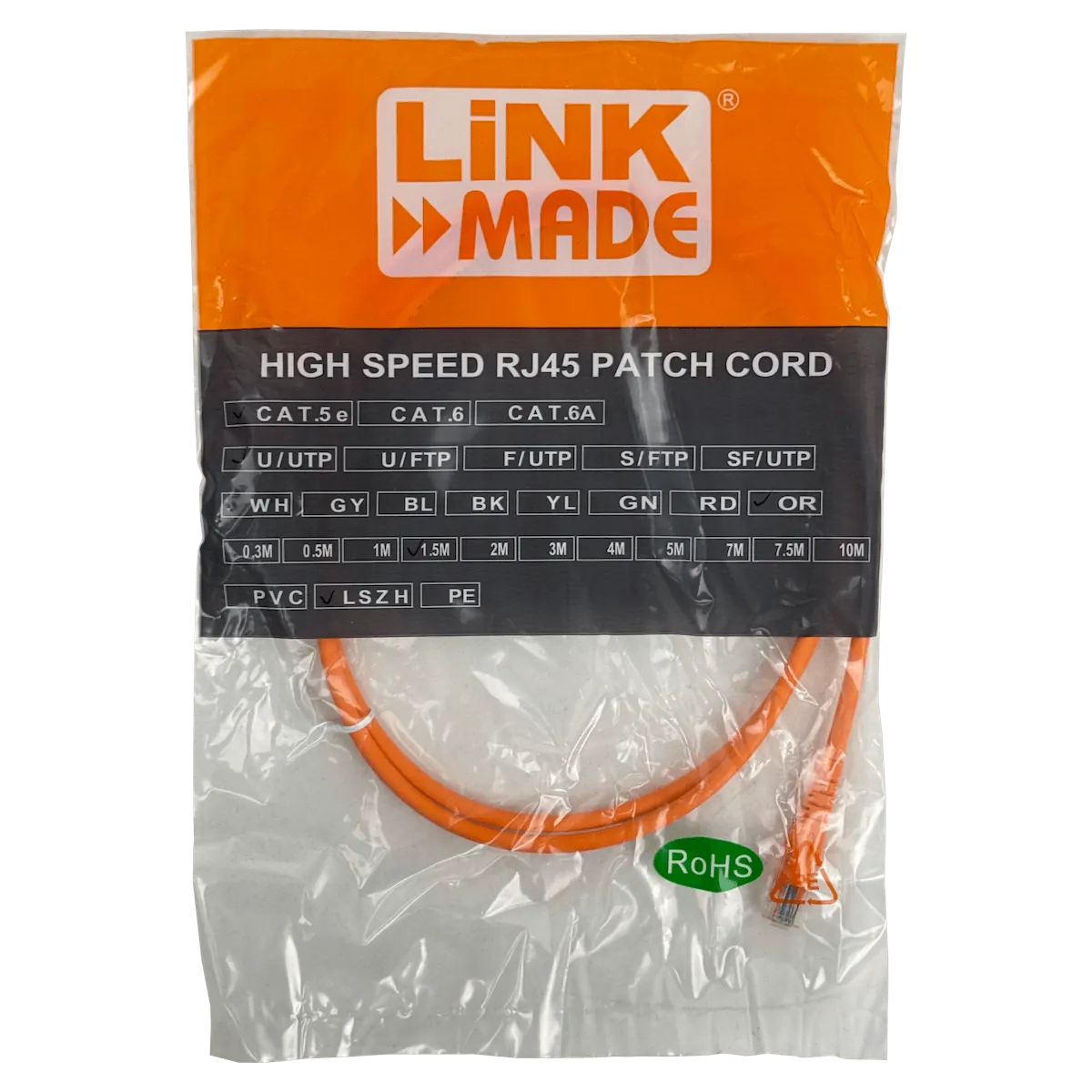 Cable Patch LINKMADE Cat5E Naranja LSZH, 1.5m, Inyectado, Multifilar 3