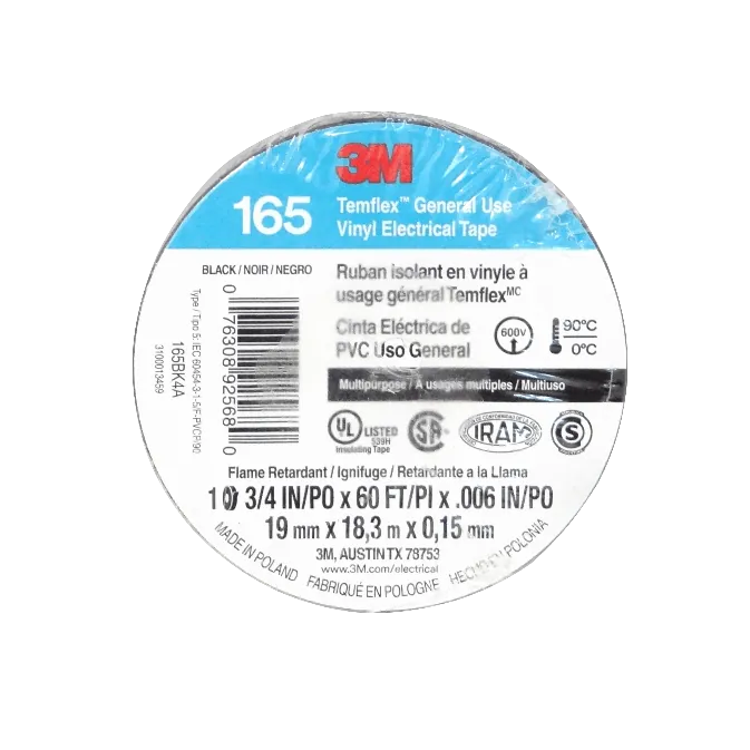 Cinta Huincha Aisladora 3M165 Negra, 18 Metros, PVC 19mm 0,15mm 600V 0-90ºC 2