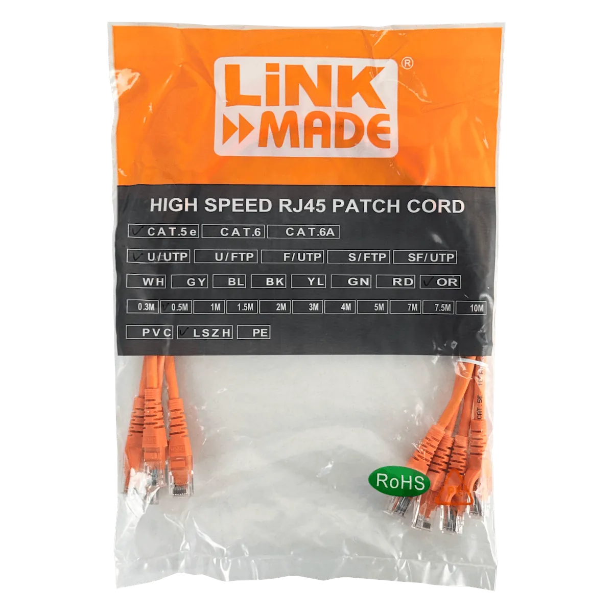 Pack x4 Cable Patch LINKMADE Cat5e 0.5mt Naranjo LSZH Inyectado Multifilar 2