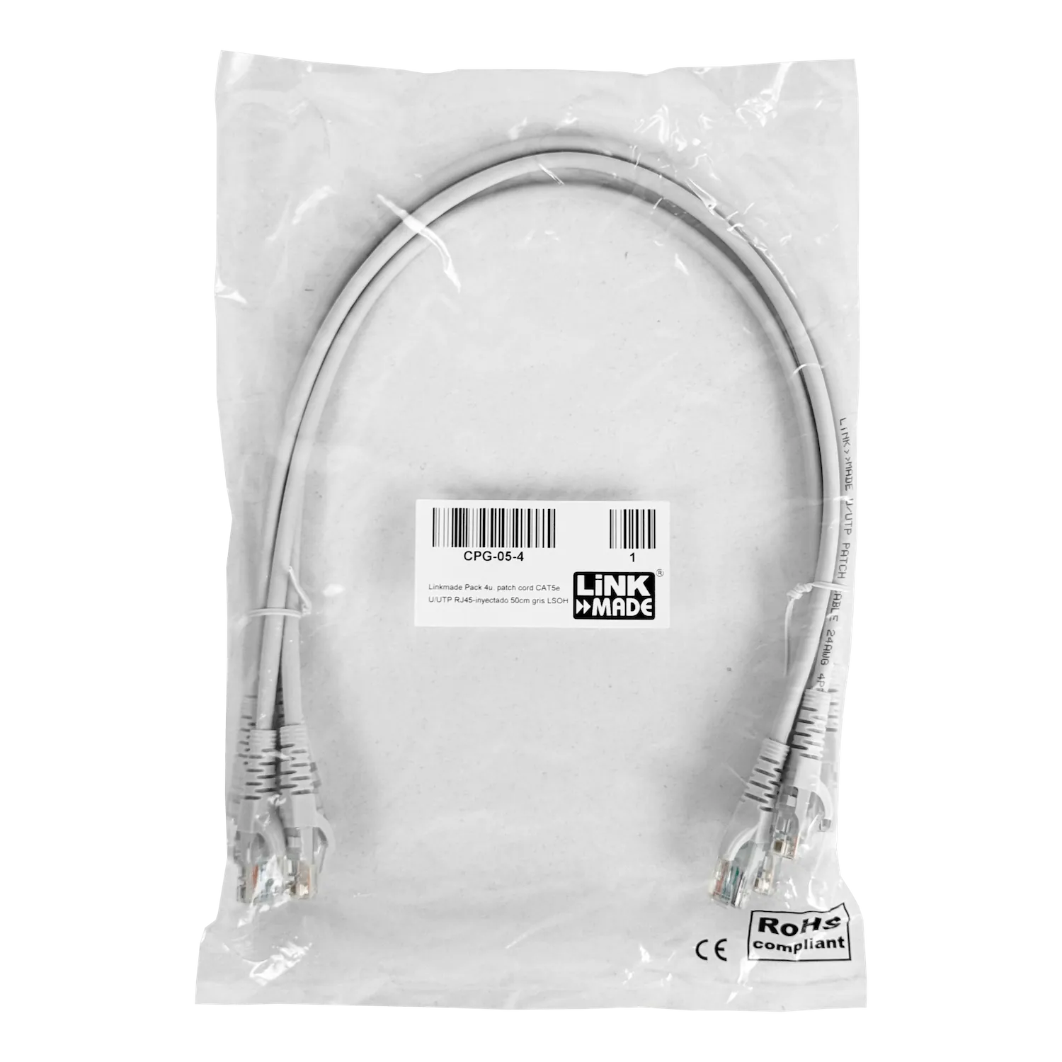 Pack x4 Cable Patch LINKMADE Cat5e Gris 50cm LSZH Inyectado Multifilar 2