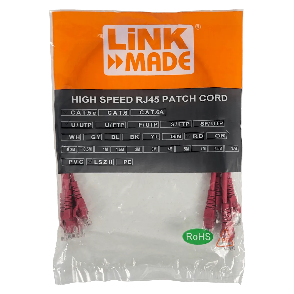 Pack x4 Cable Patch LINKMADE Cat5e 0.5mt Rojo LSZH Inyectado Multifilar 5