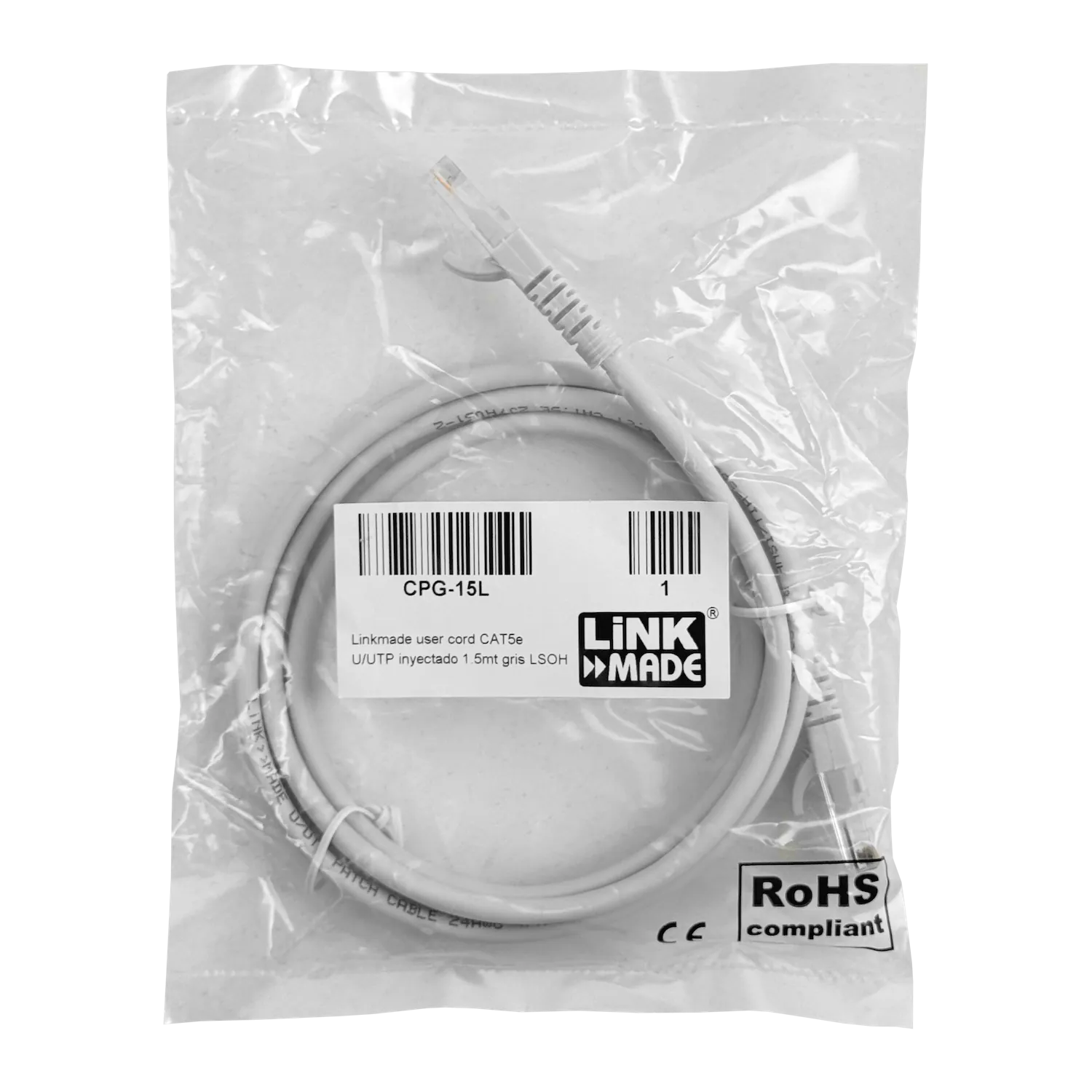 Cable Patch LINKMADE Cat5e Gris LSZH 1.5 metros Inyectado Multifilar para Conexiones Rápidas 4