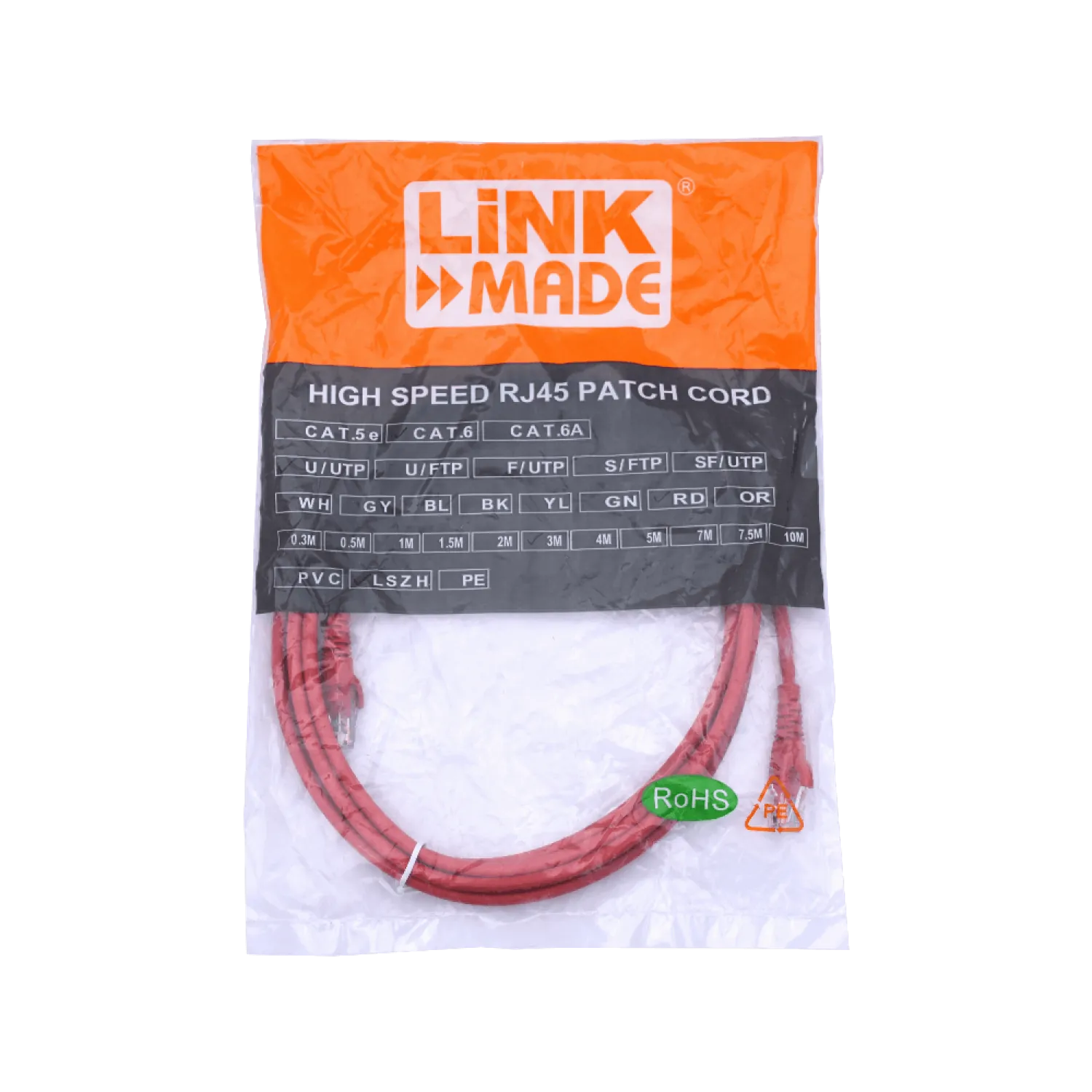 Cable Patch LINKMADE Cat6 U/UTP 3mt Rojo LSZH Inyectado Multifilar 2
