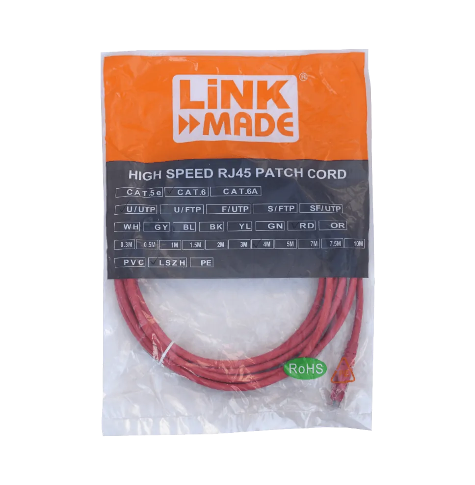 Cable Patch LINKMADE Cat6 U/UTP 4mt Rojo LSZH Inyectado Multifilar 3