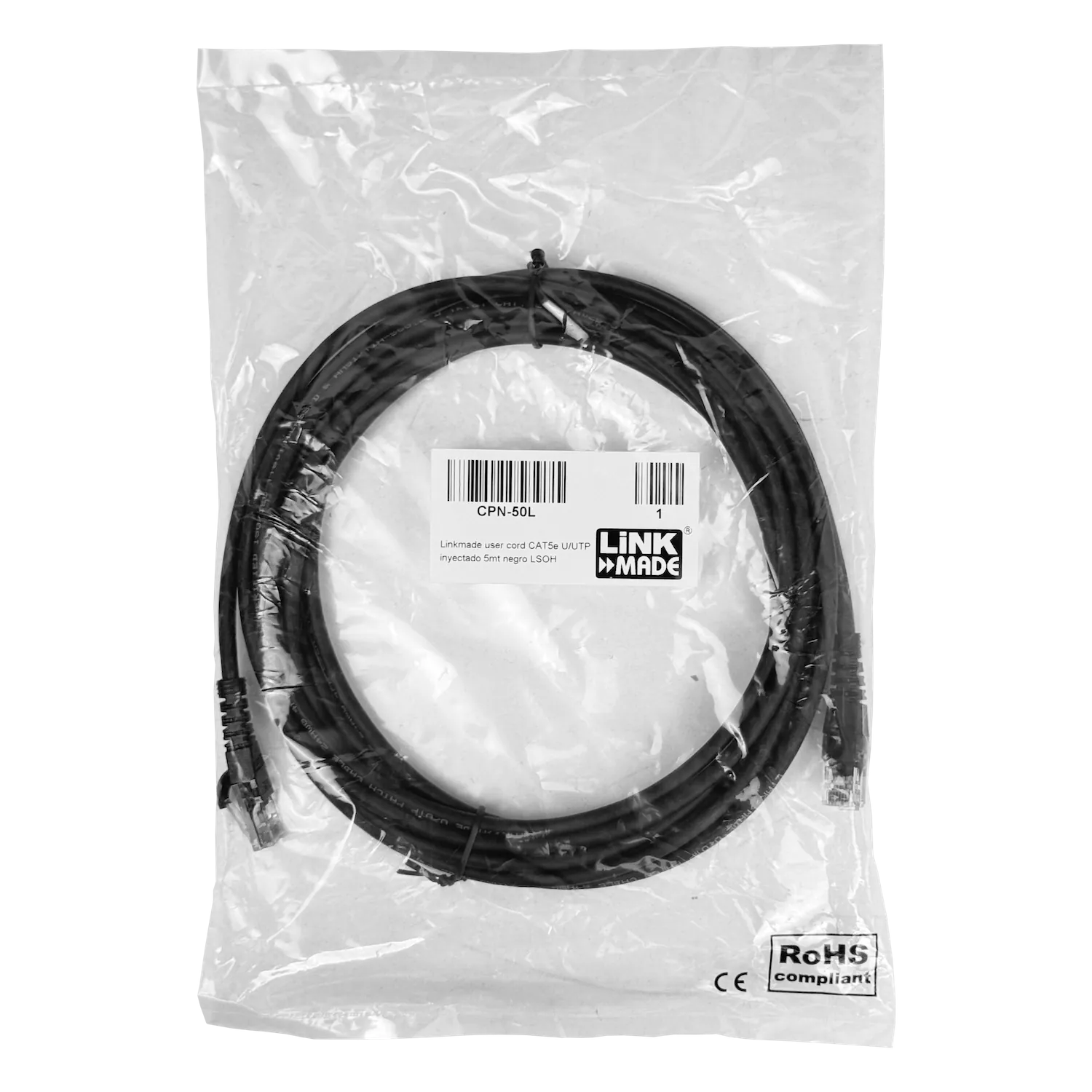 Cable Patch LINKMADE Cat5e 5mt Negro LSZH Inyectado Multifilar 2