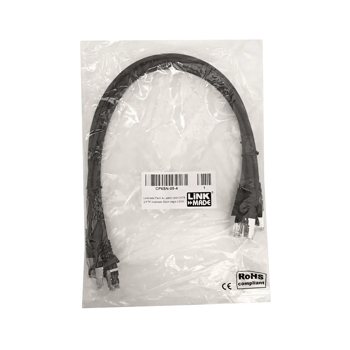 Pack x4 Cable Patch LINKMADE Cat6 S/FTP 50cm Negro LSZH Inyectado Multifilar 3