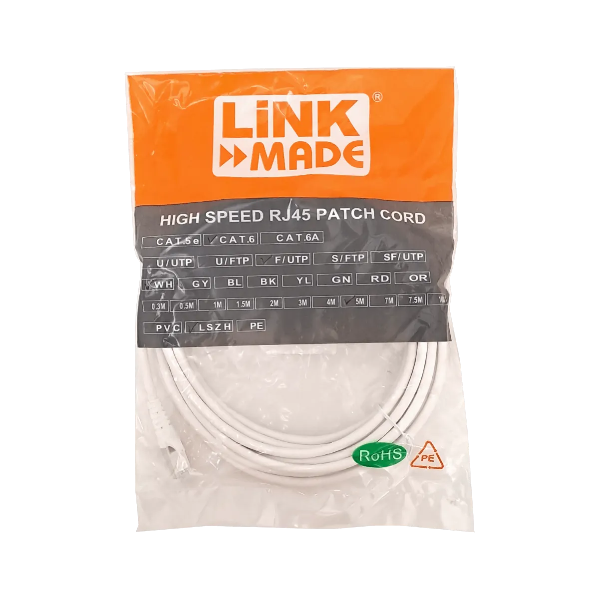 Cable Patch LINKMADE Cat6 F/UTP 5mt Blanco LSZH Inyectado Multifilar 4