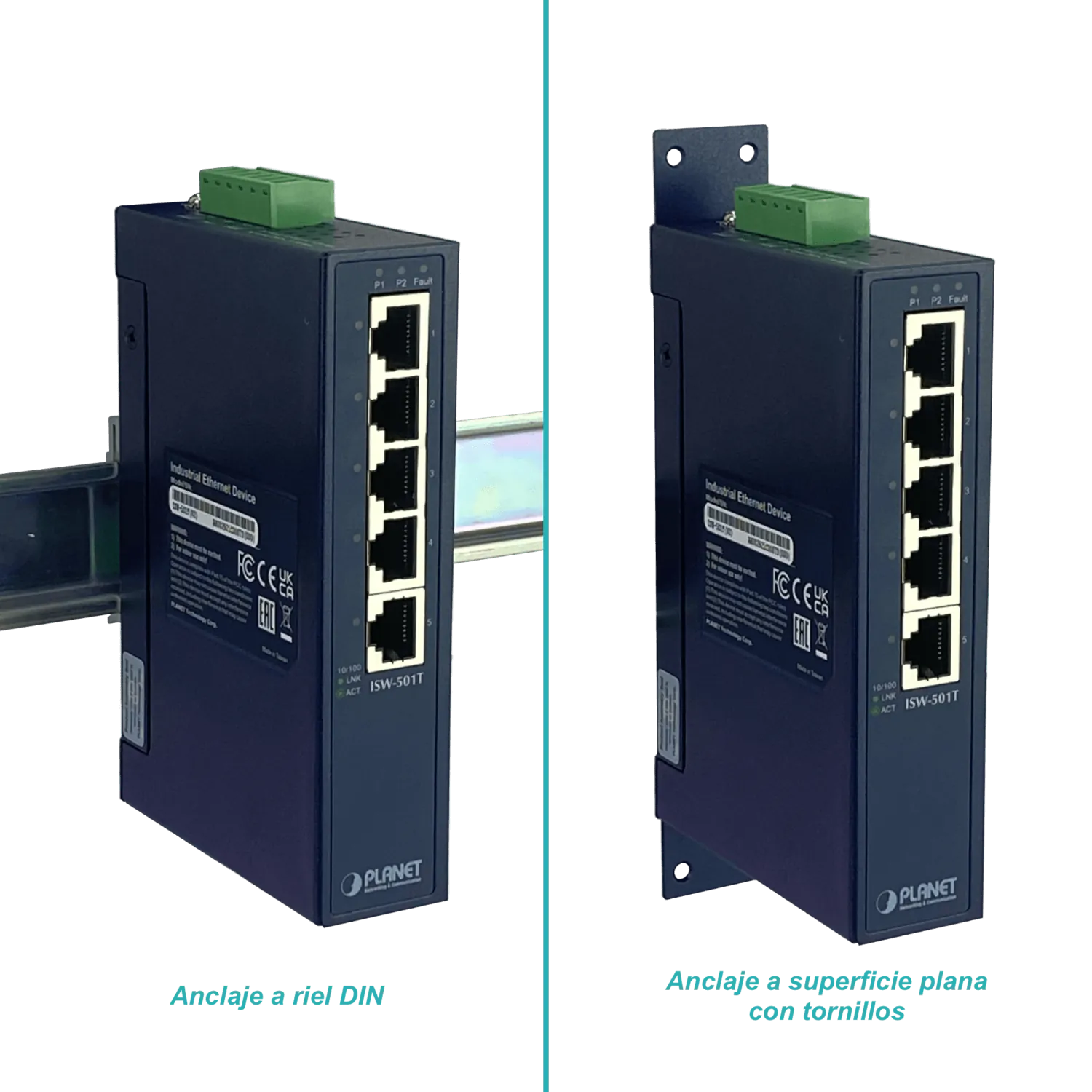 PLANET 5-100 Switch Industrial no-Admin Riel-DIN 12-48VDC 24VAC Dual 4