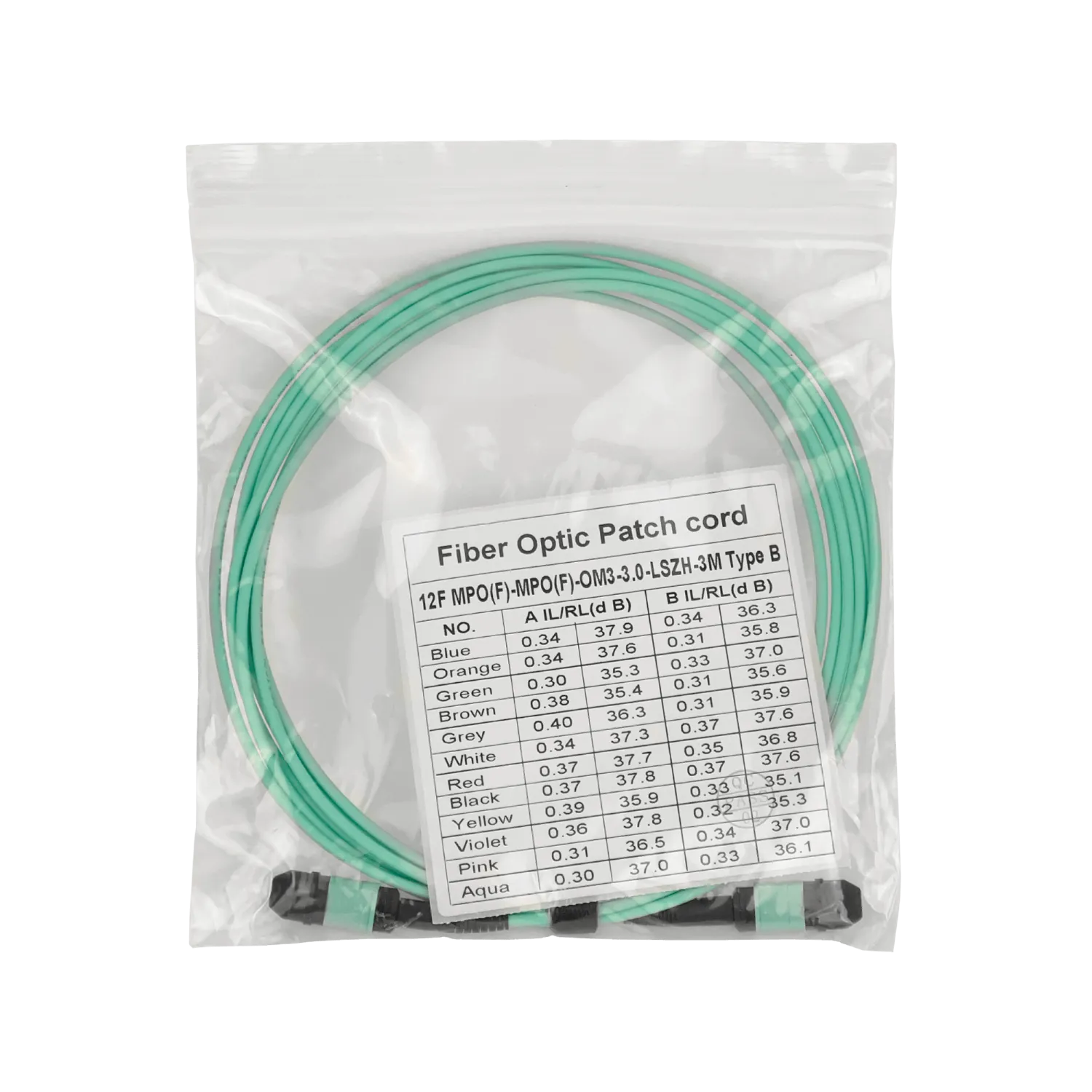 3mt MPO-MPO 12-Fibras Type-B OM3 Multimodo MM Duplex Jumper Fibra LSZH 2