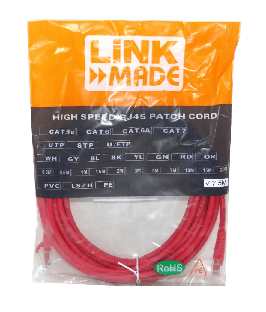 Cable Patch Cruzado LINKMADE Cat6 7.5mt Rojo U/UTP CrossOver 568A/568B 3