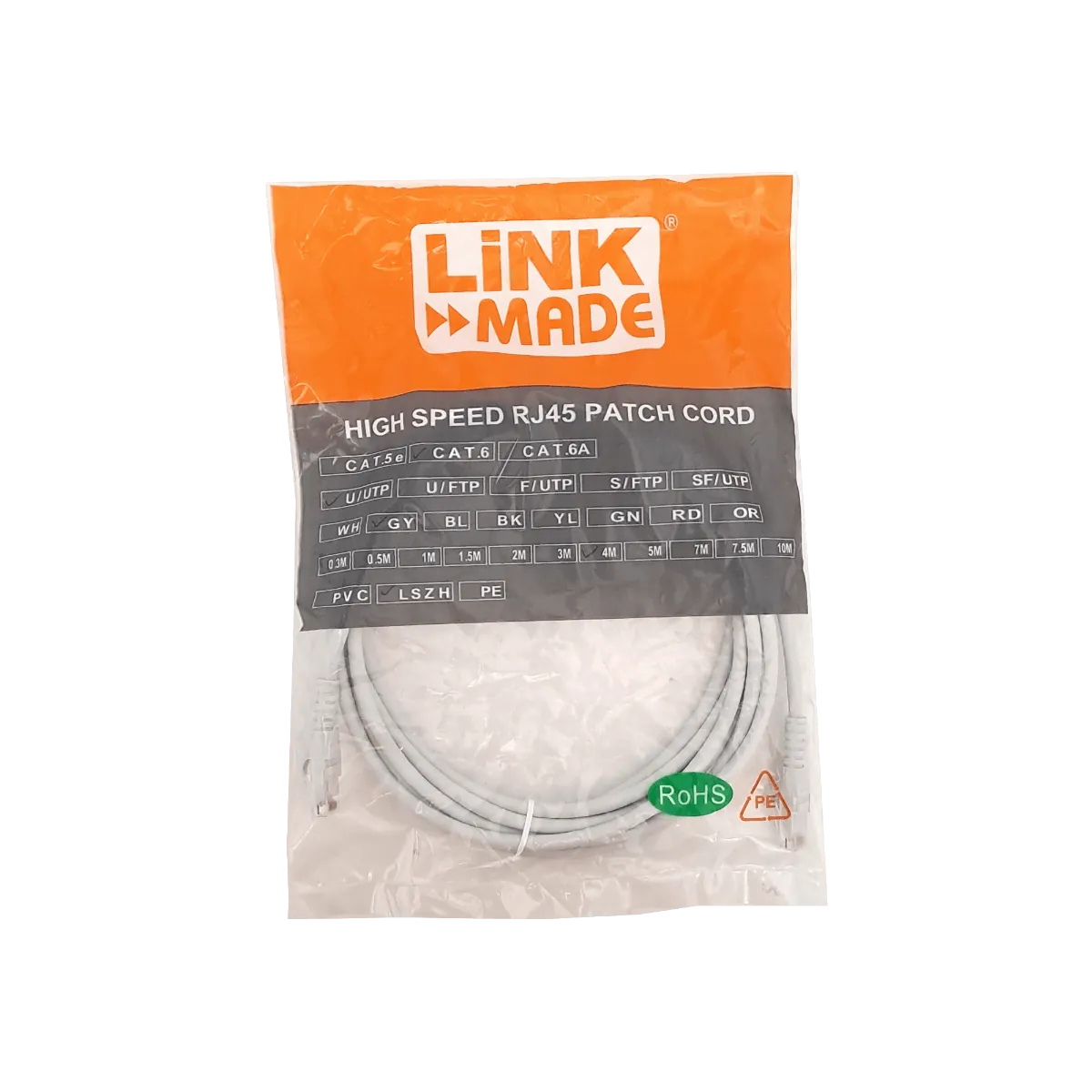 Cable Patch LINKMADE Cat6 U/UTP 4mt Gris LSZH Inyectado Multifilar 2
