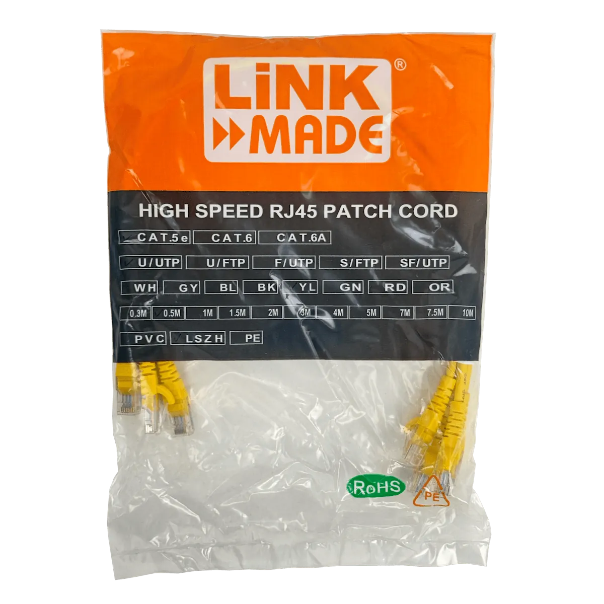 Pack x4 Cable Patch LINKMADE Cat5e 0.5mt Amarillo LSZH Inyectado Multifilar 3