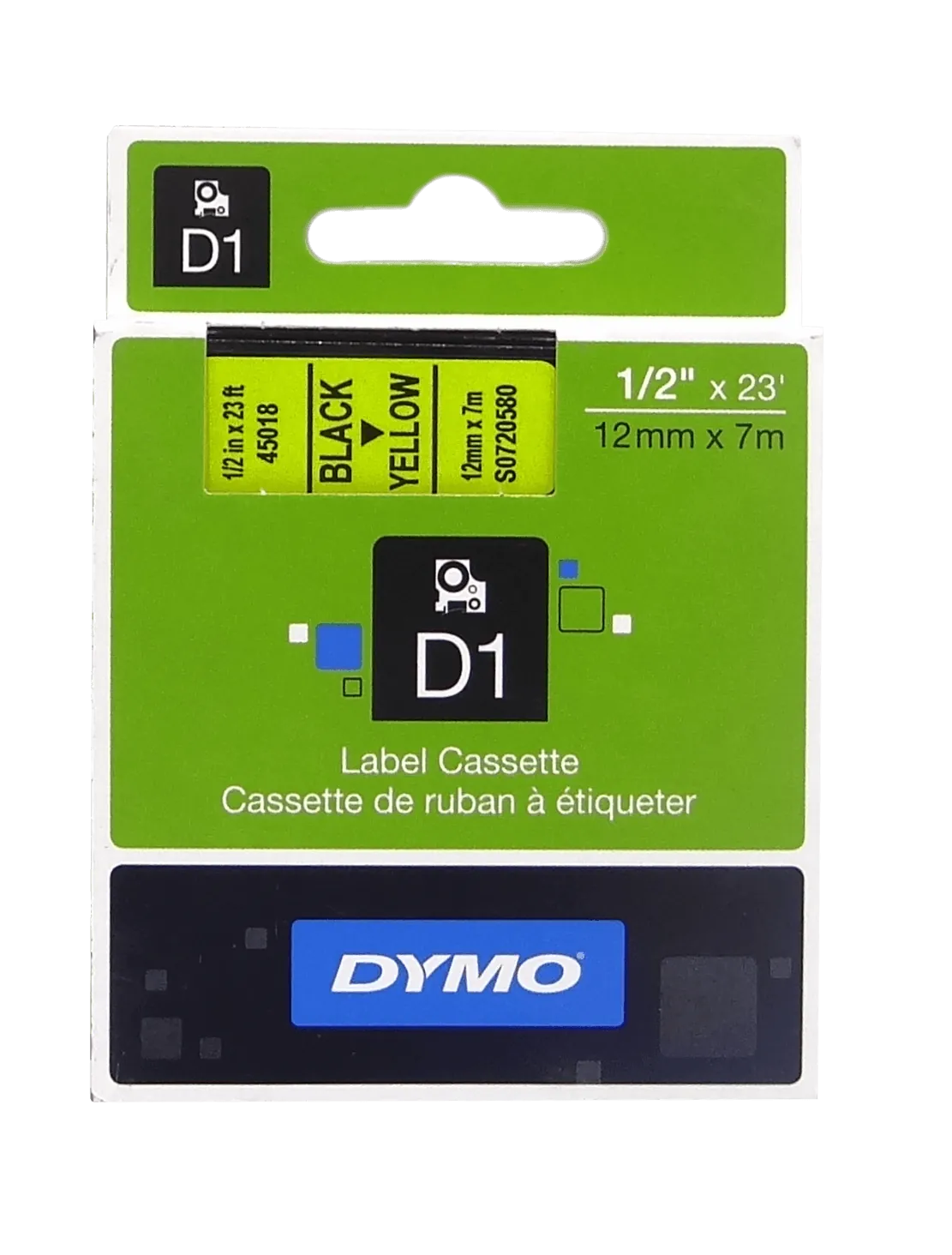 DYMO 12mm Negro en Fondo Amarillo Cinta 7mt D1-Label Cassette 2