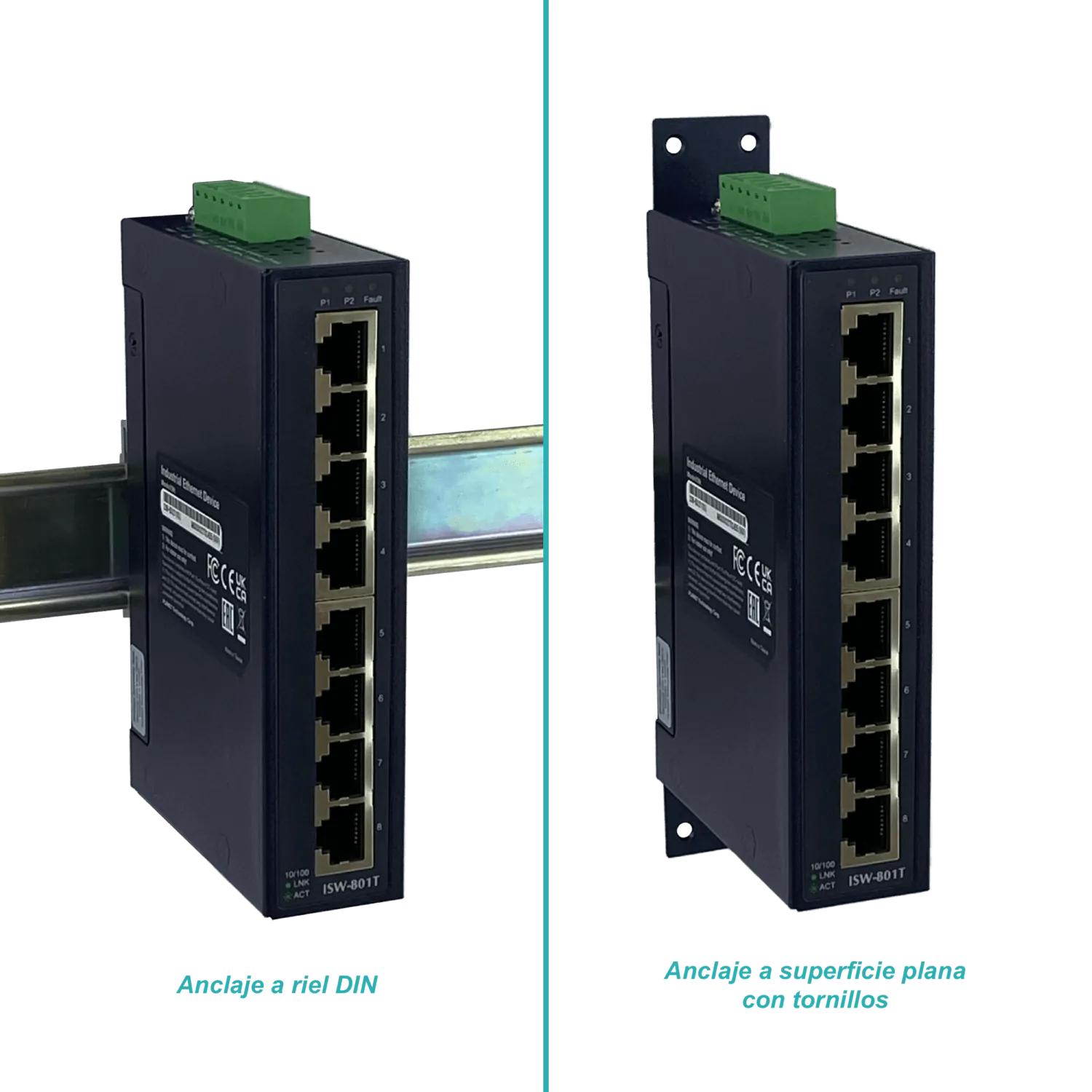 PLANET 8-100 Switch Industrial Riel-DIN no-Admin req/12-48VDC/24VAC 2