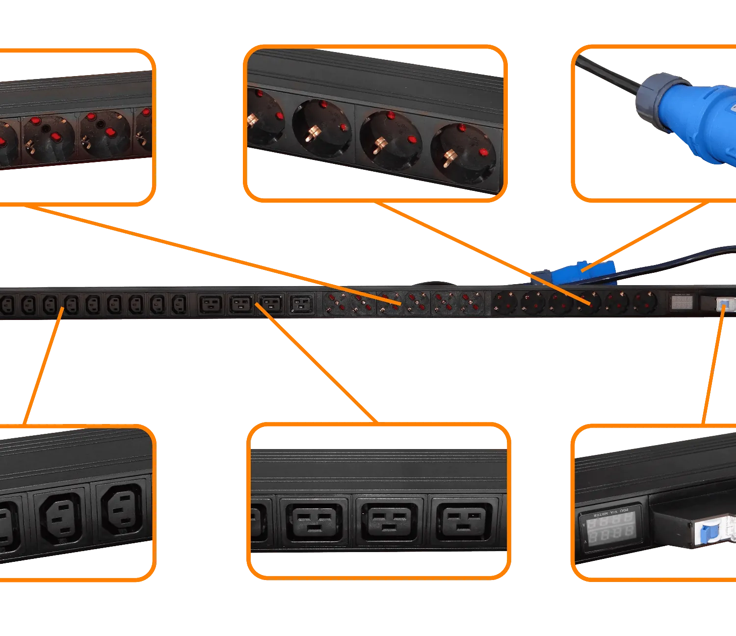 PDU Vertical 32 A LK 12 C13 4 C19 6 Schuko Volt-Amp Auto-térmico 3