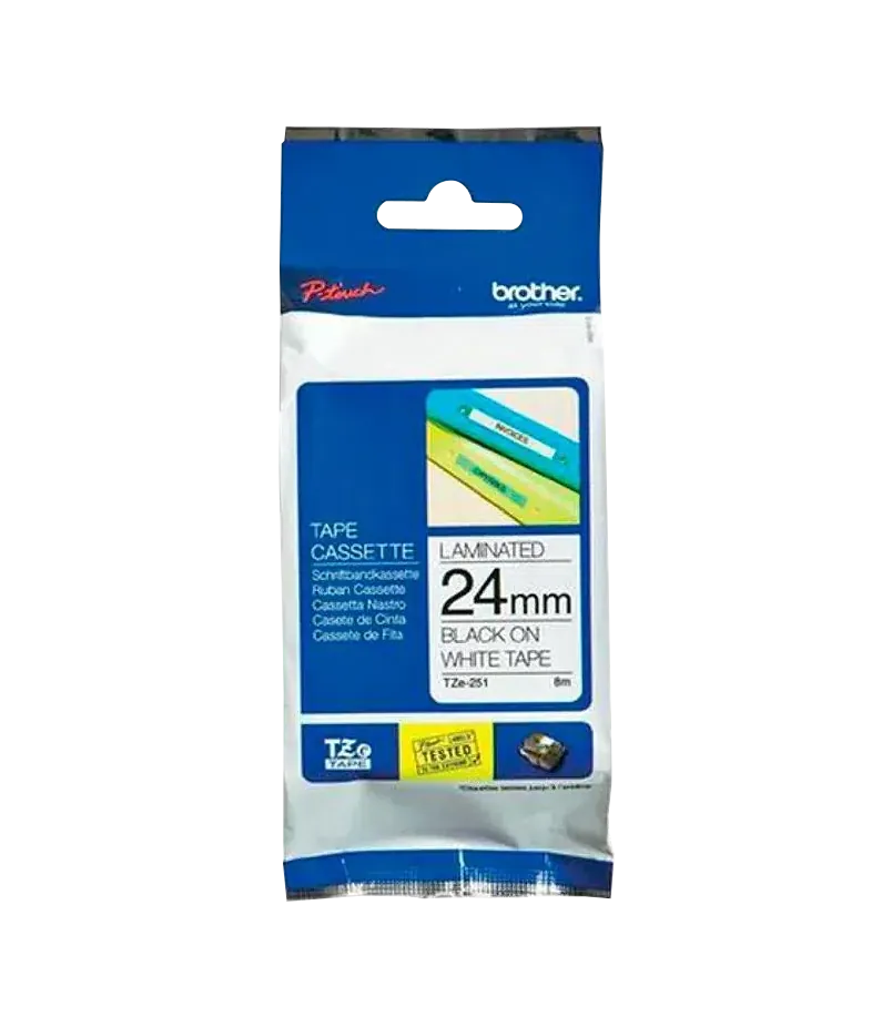 Cinta Laminada Brother TZE-251, Texto Negro sobre Fondo Blanco, 24mm, 8 Metros 2