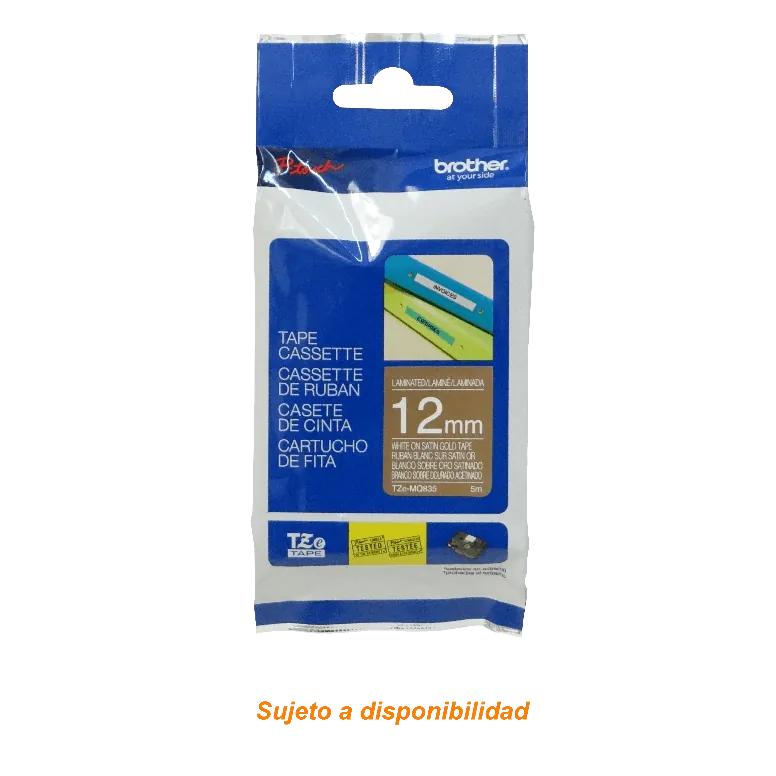 Cinta Laminada Brother TZE-MQ835, Texto Blanco sobre Fondo Dorado con Acabado Saten, 12mm, 5 Metros 2