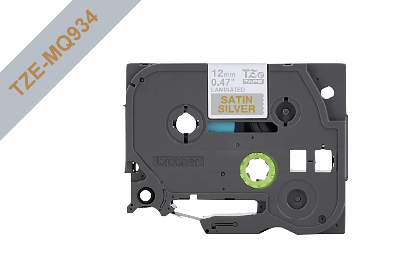 Cinta satinada Brother TZE-MQ934 12mm oro en fondo gris 5m 2