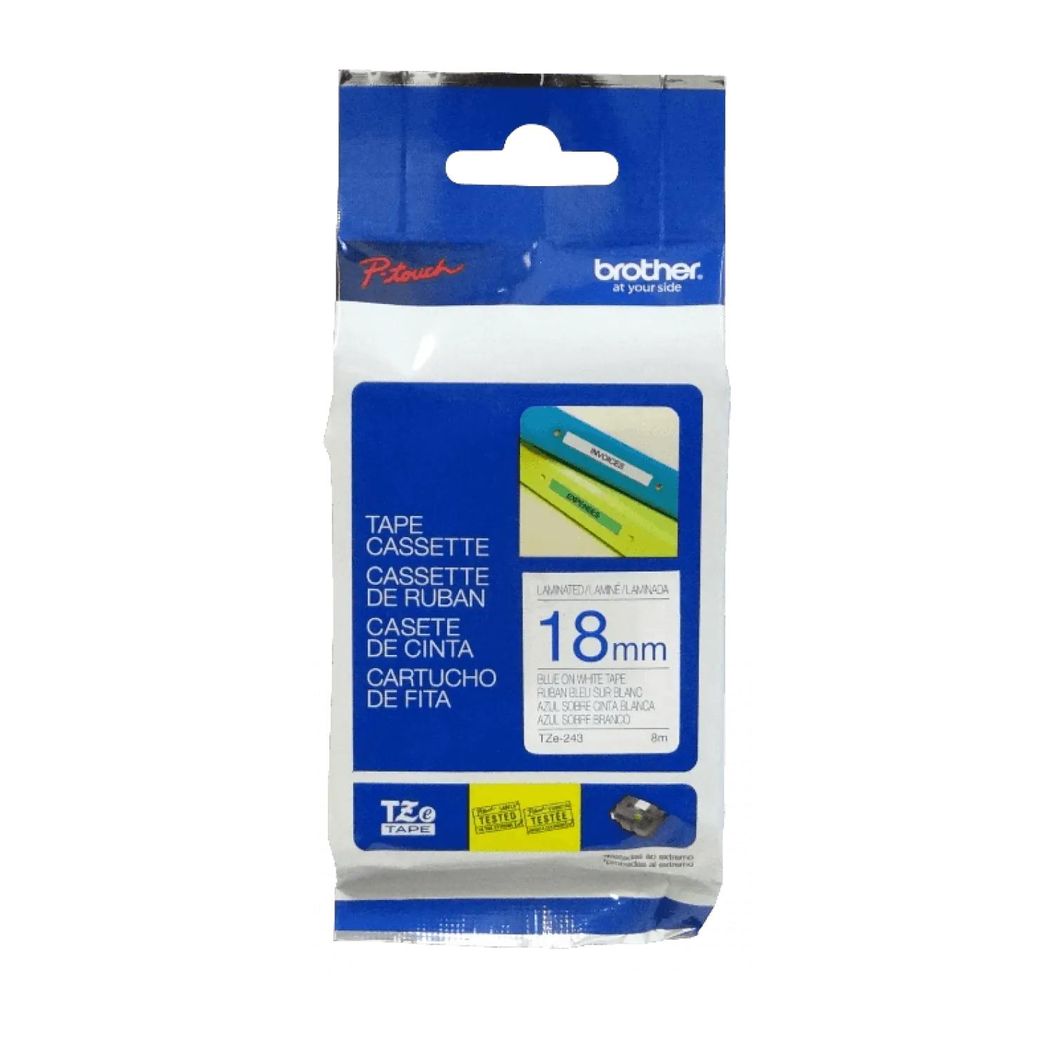 Cinta laminada Brother TZ-243, Texto Azul sobre Fondo Blanco, Ancho 18mm, Longitud 8m 3