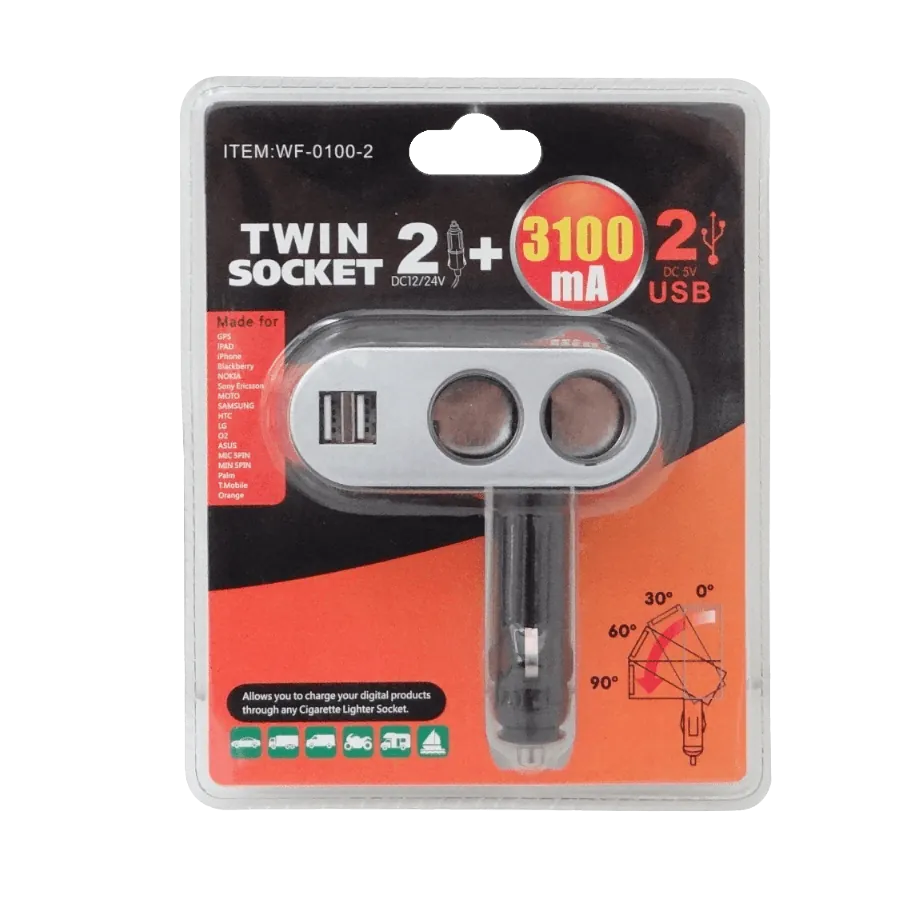 2-Vehicular-Hembra 2-USB-Hembra-AH 5VDC 3,1A 12V/24V-Macho-Encendedor 2