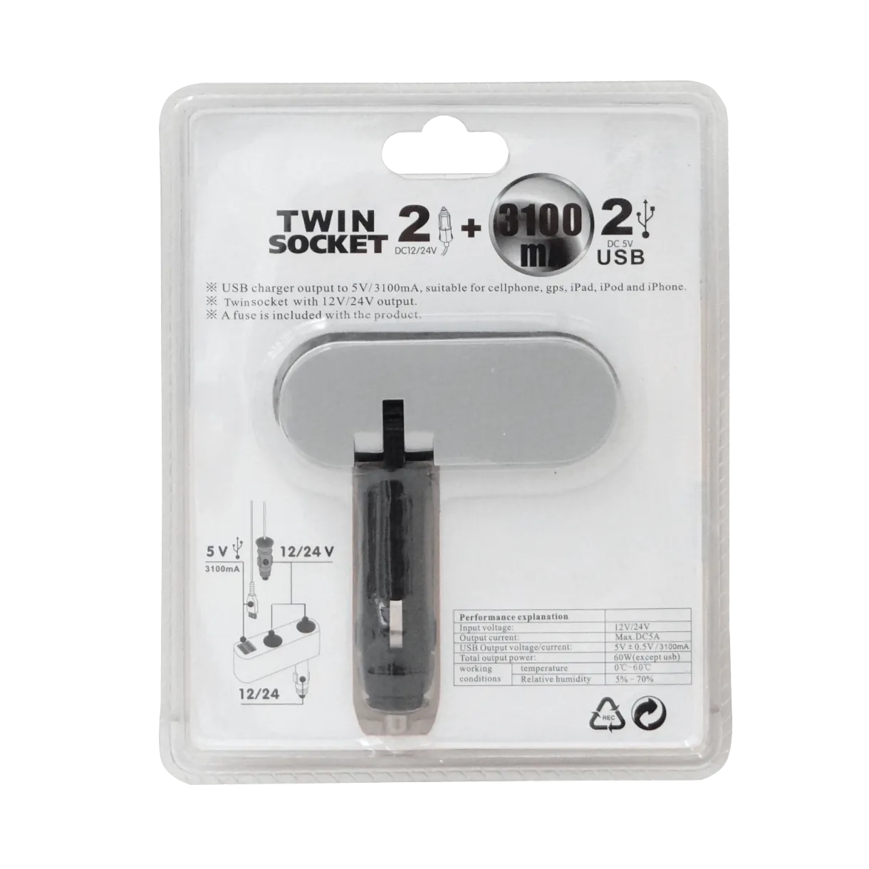 2-Vehicular-Hembra 2-USB-Hembra-AH 5VDC 3,1A 12V/24V-Macho-Encendedor 3
