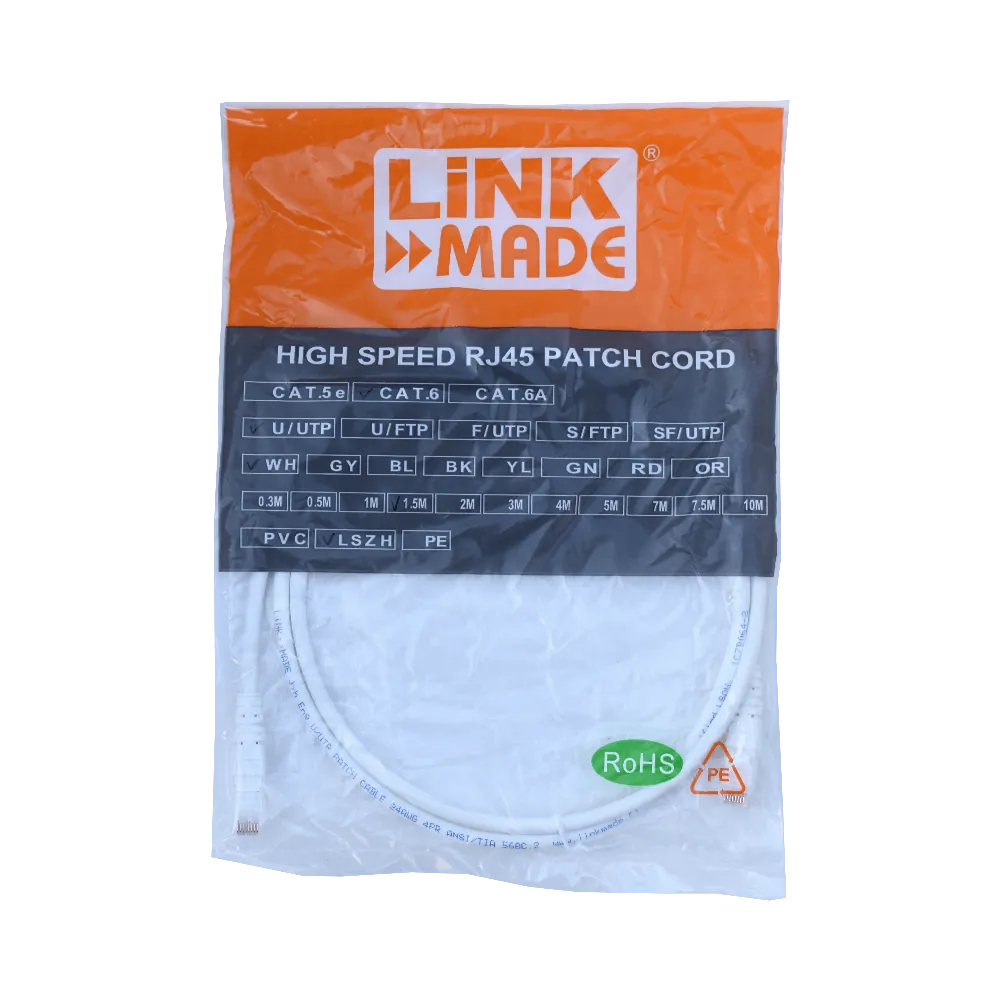 Cable Patch LINKMADE Cat6 Blanco LSZH UTP 1.5 metros Inyectado Multifilar de Alto Rendimiento 2