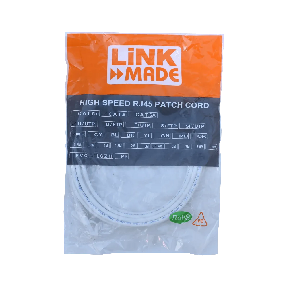 Cable Patch LINKMADE Cat6 U/UTP 4mt Blanco LSZH Inyectado Multifilar 2