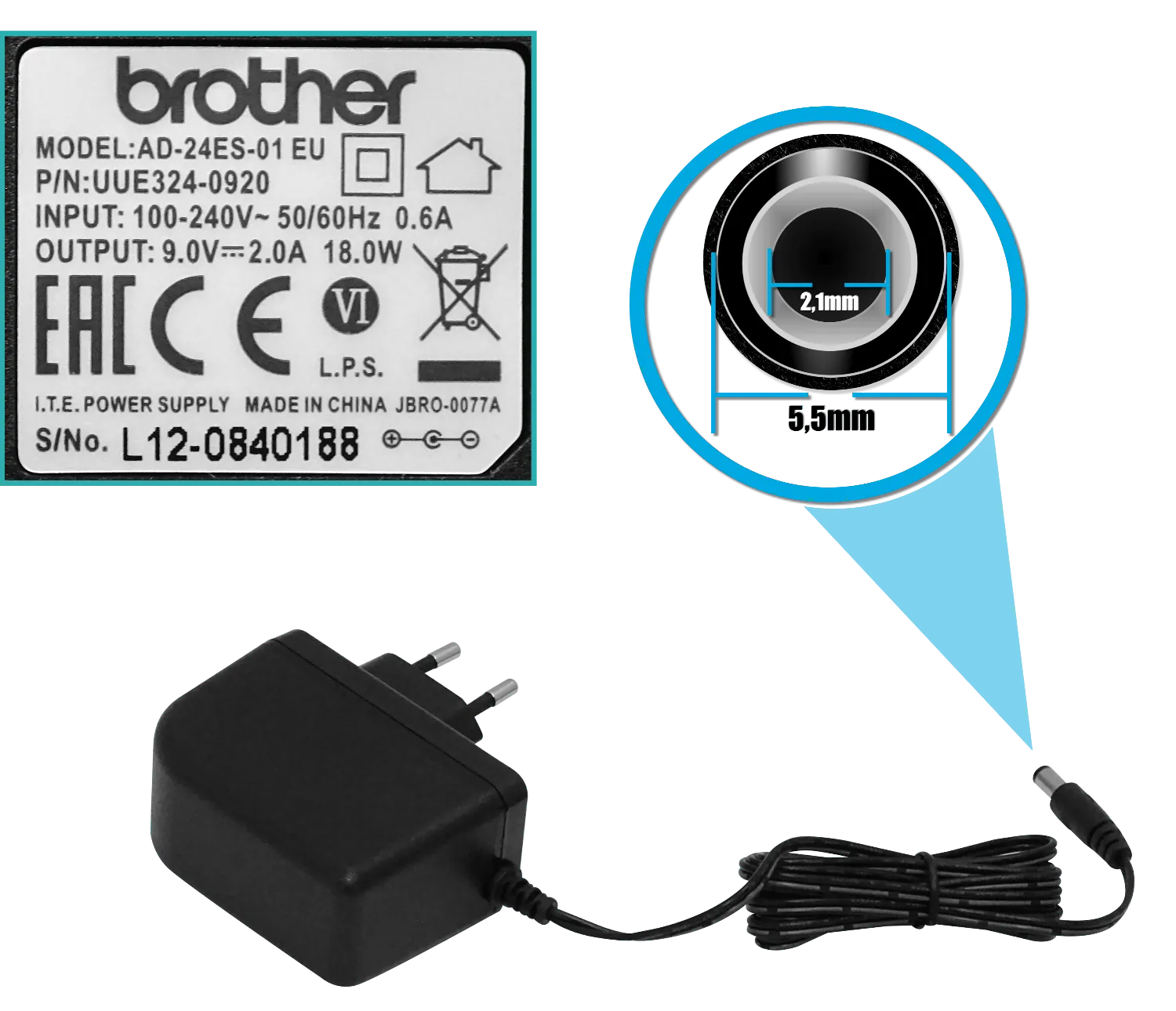 Adaptador de Corriente Brother AD24ES01, Para Rotuladoras Brother 2