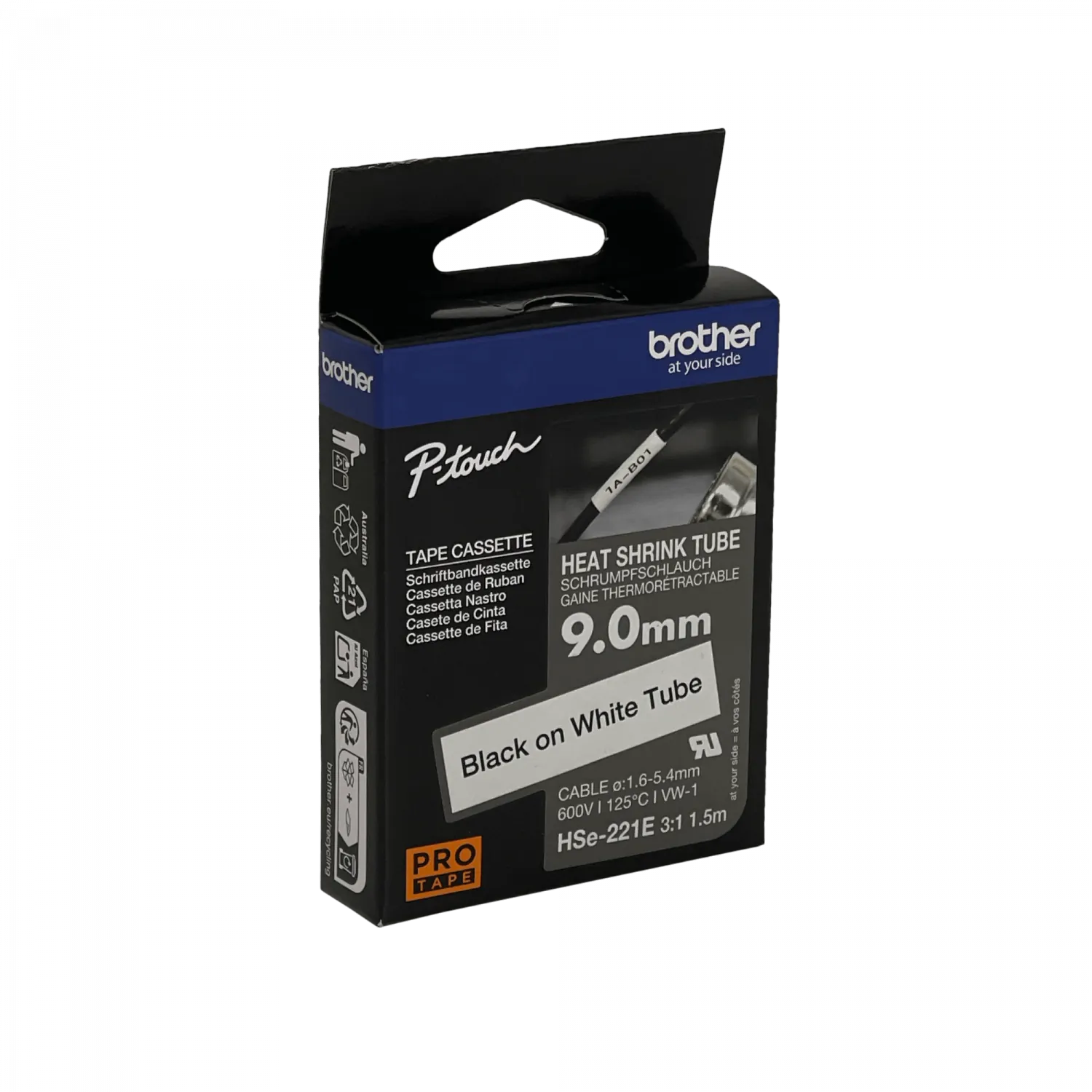 Cinta termoretractil Brother HSE-221E 9mm negro en blanco 15m 2