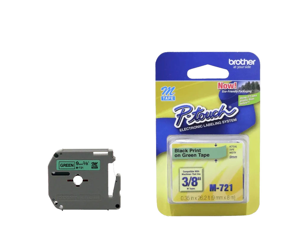 Cinta No Laminada Brother M721, Texto Negro sobre Fondo Verde, 9mm, 8 Metros 3