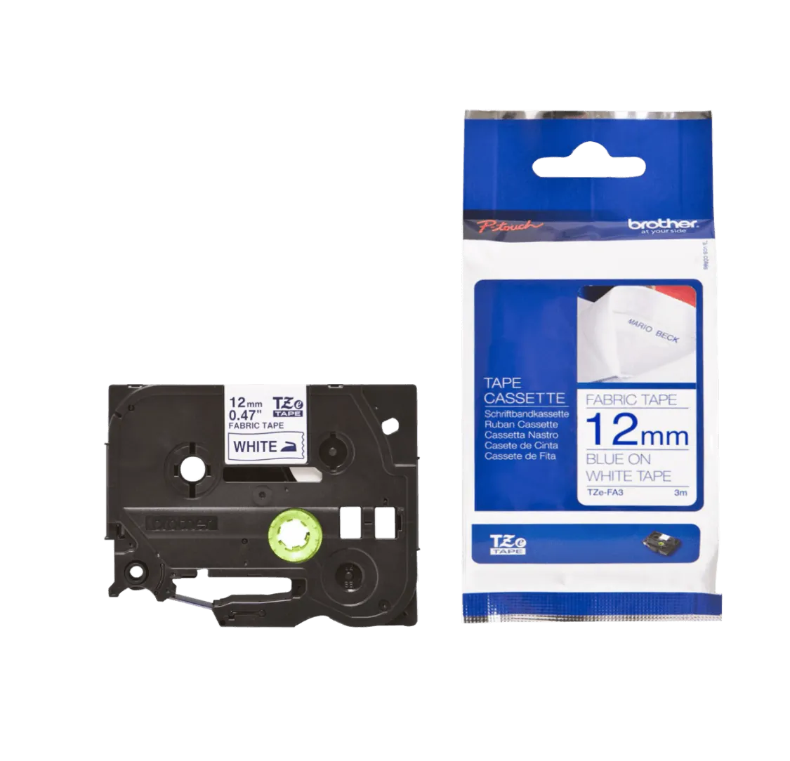 Cinta tela planchable Brother TZE-FA3 12mm azul marino en blanco 3m 3