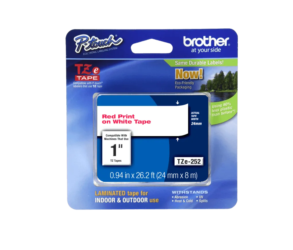Cinta Brother TZE-252 24mm rojo en fondo blanco 8m 2