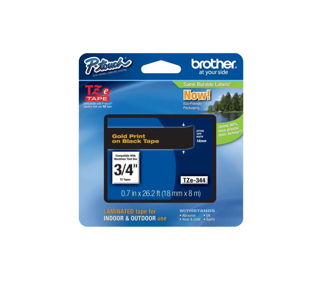 Cinta Laminada Brother TZE-344, Texto Dorado sobre Fondo Negro, 18mm, 8 Metros 3