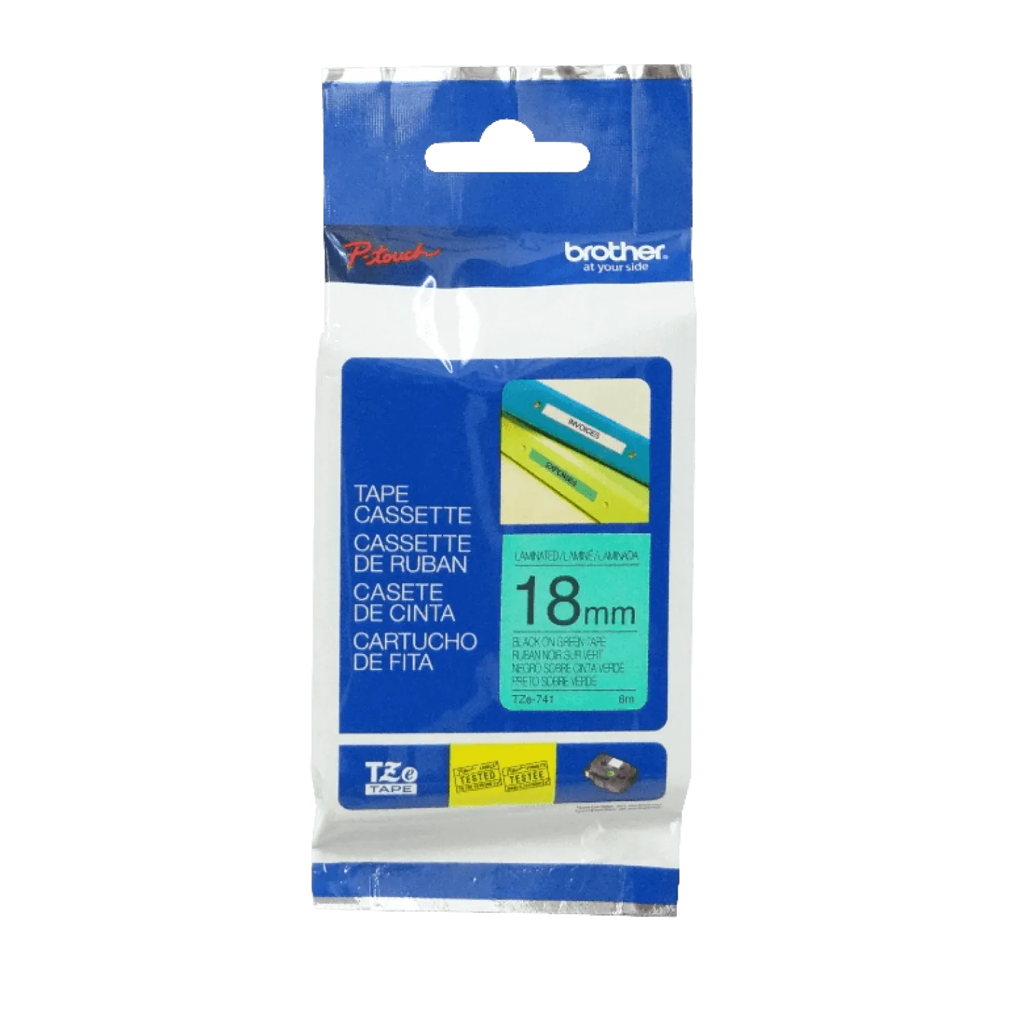 Cinta rotuladora Brother TZE-741 18mm texto negro sobre fondo verde 2