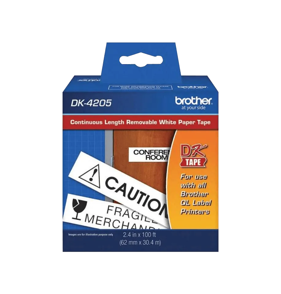Cinta de Papel Brother DK4205, Longitud Continua y Extraíble, Negro sobre Blanco, 62mm, 30.4m 2