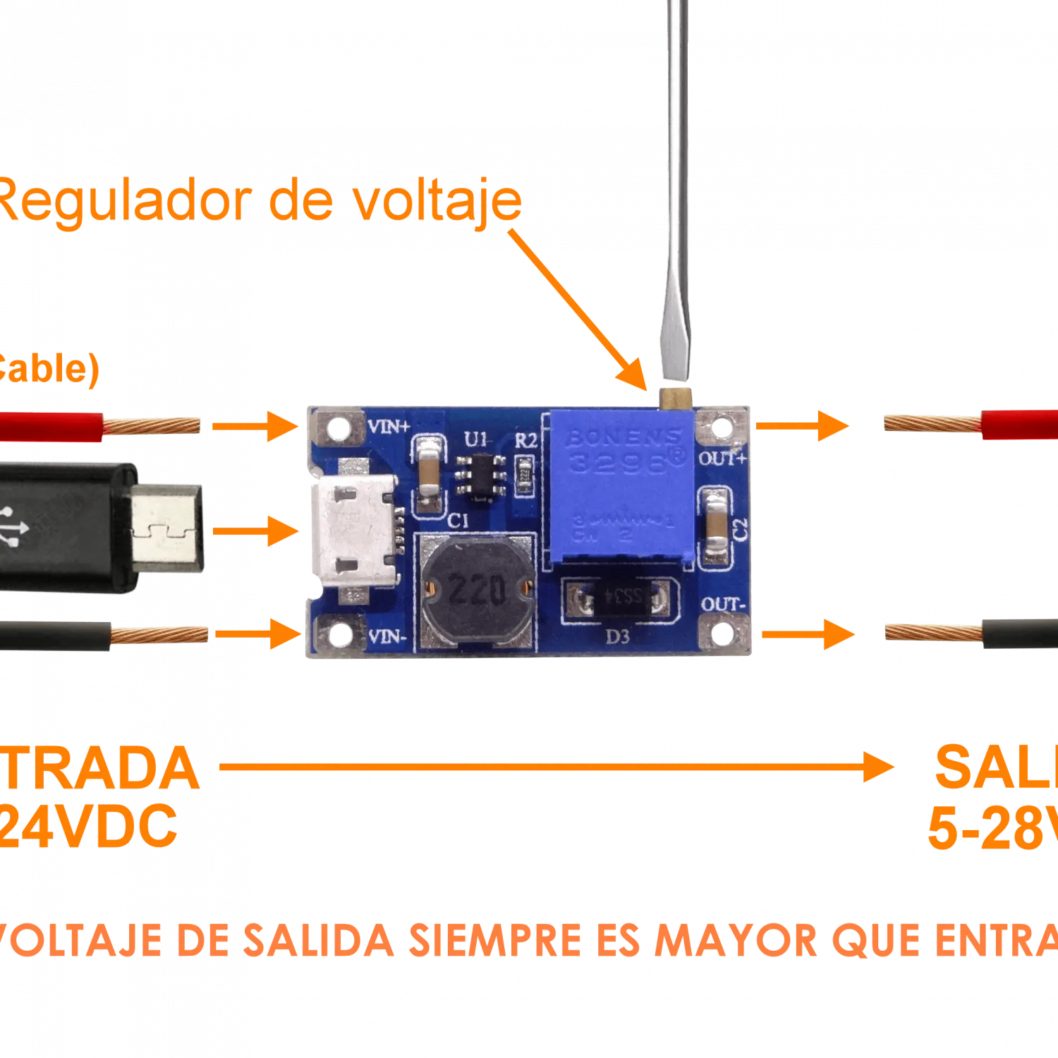 Boost Ajustable AumentaVoltaje in:2-24VDC USB/2-pin out:5-28VDC 2A-Max 2