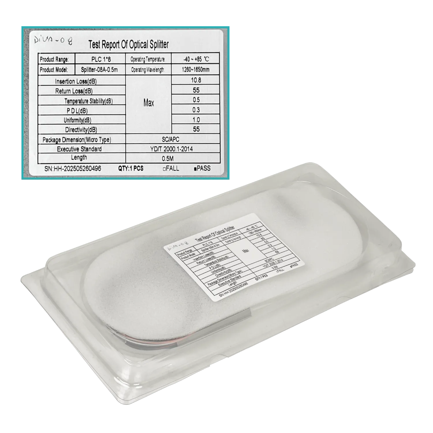 Divisor Óptico PLC 1x8 SC/APC DIVA-08 para XGPON G657A1 0,9mm 1260–1650nm 2